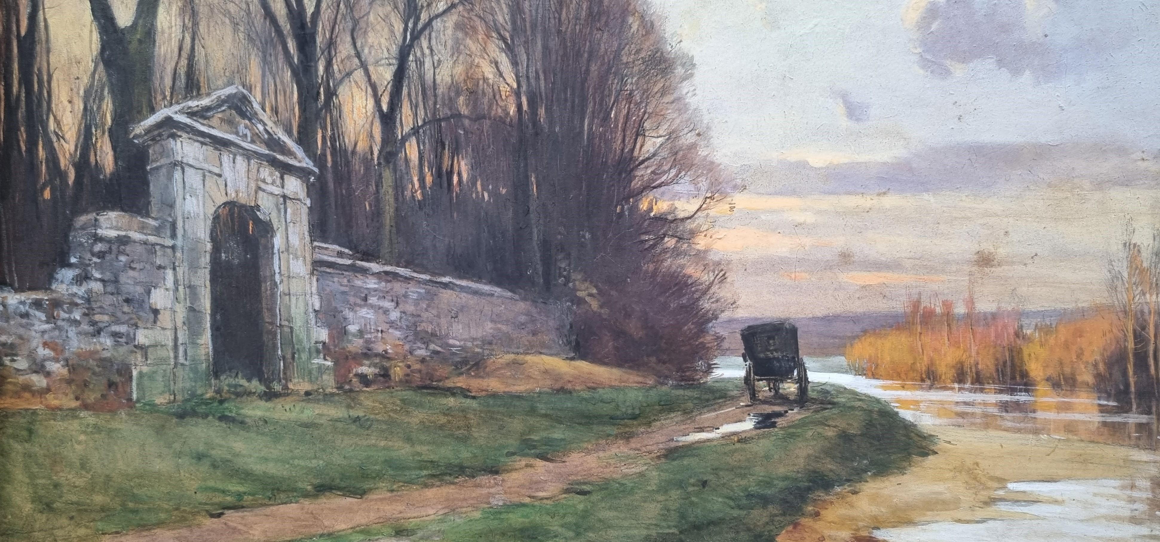 JOURDAIN French Painting Landscape Symbolist End 19th River Autumn Carriage 1