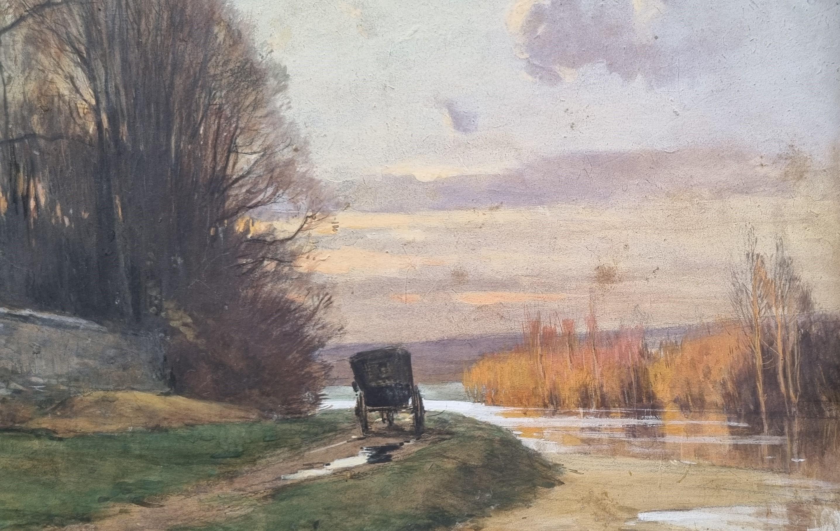 JOURDAIN French Painting Landscape Symbolist End 19th River Autumn Carriage 2