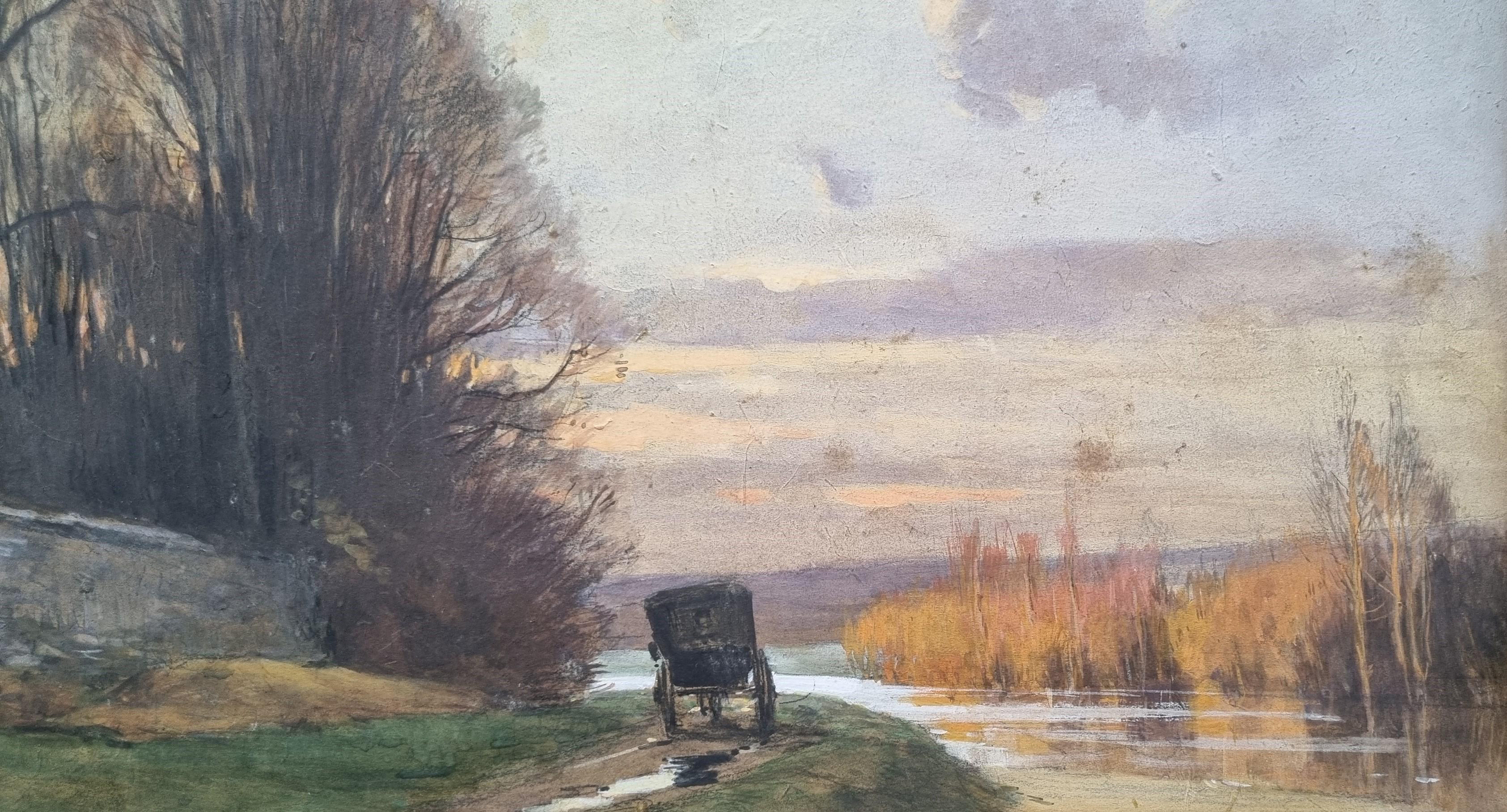 JOURDAIN French Painting Landscape Symbolist End 19th River Autumn Carriage 5