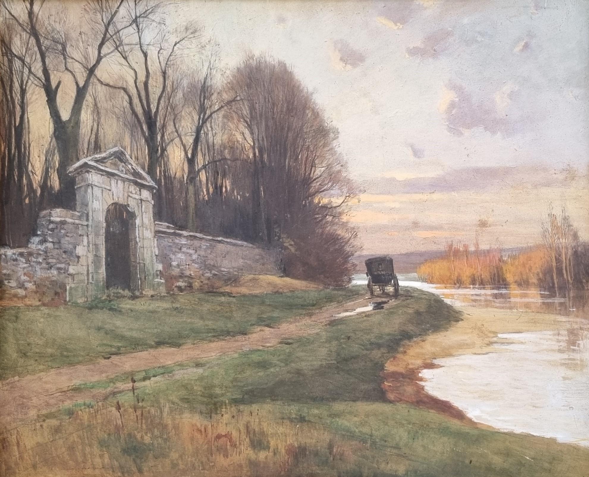 JOURDAIN French Painting Landscape Symbolist End 19th River Autumn Carriage 6