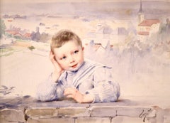 Ein kleiner Junge - Impressionistisches Aquarell:: Porträt von Henri Jules Jean Geoffroy