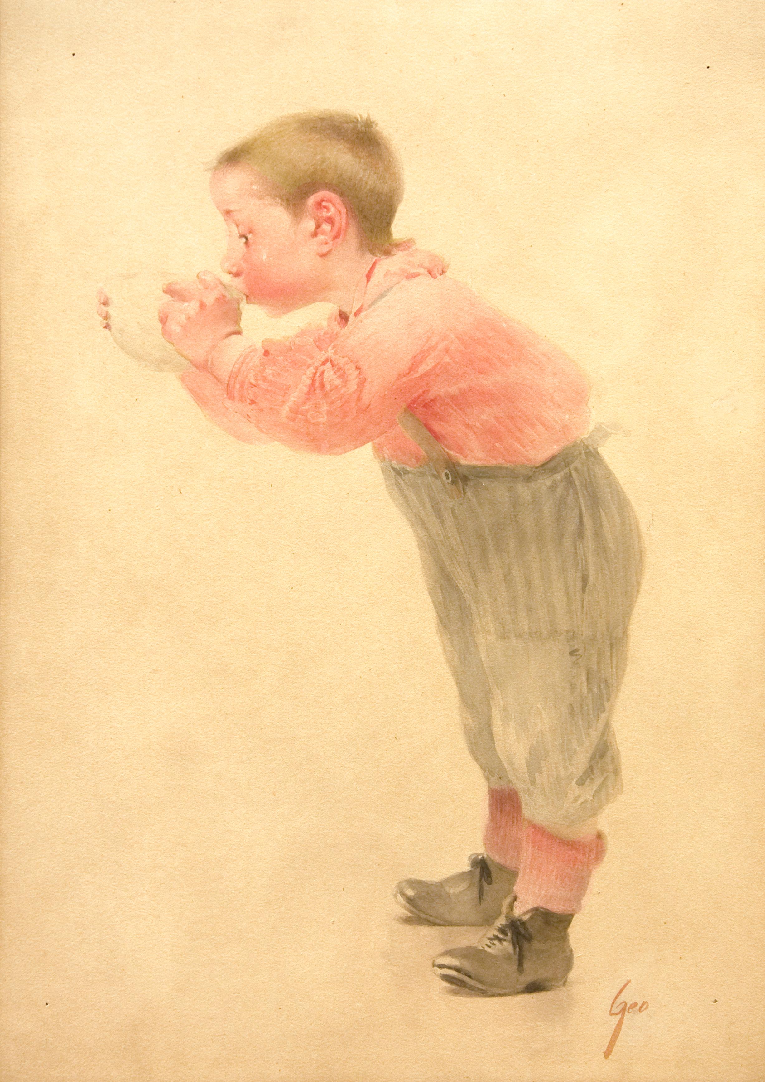 Genre Scene of boy by Henri J. Geoffroy titled "Portrait d
enfant" - Art by Henri Jules Jean Geoffroy