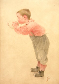 Antique Genre Scene of boy by Henri J. Geoffroy titled "Portrait d'enfant"
