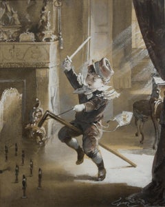 Genre Scene of boy with hobbyhorse by Henri Geoffroy titled "The Little Hussar"
