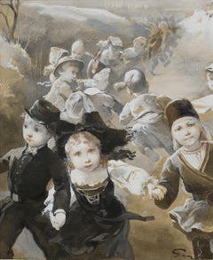 Genre Scene of children performing the Farandole by Henri J. Geoffroy 