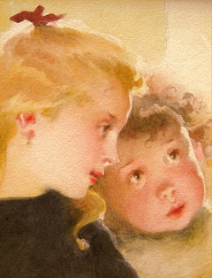 Genre Scene of girls by Henri J. Geoffroy titled "The Sewing Lesson"