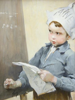 Genre Scene of School Boy by Henri J. Geoffroy titled "Solving the Problem"