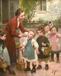 Antique Genre Scene of Teacher with School Children by Henri Jules Geoffroy