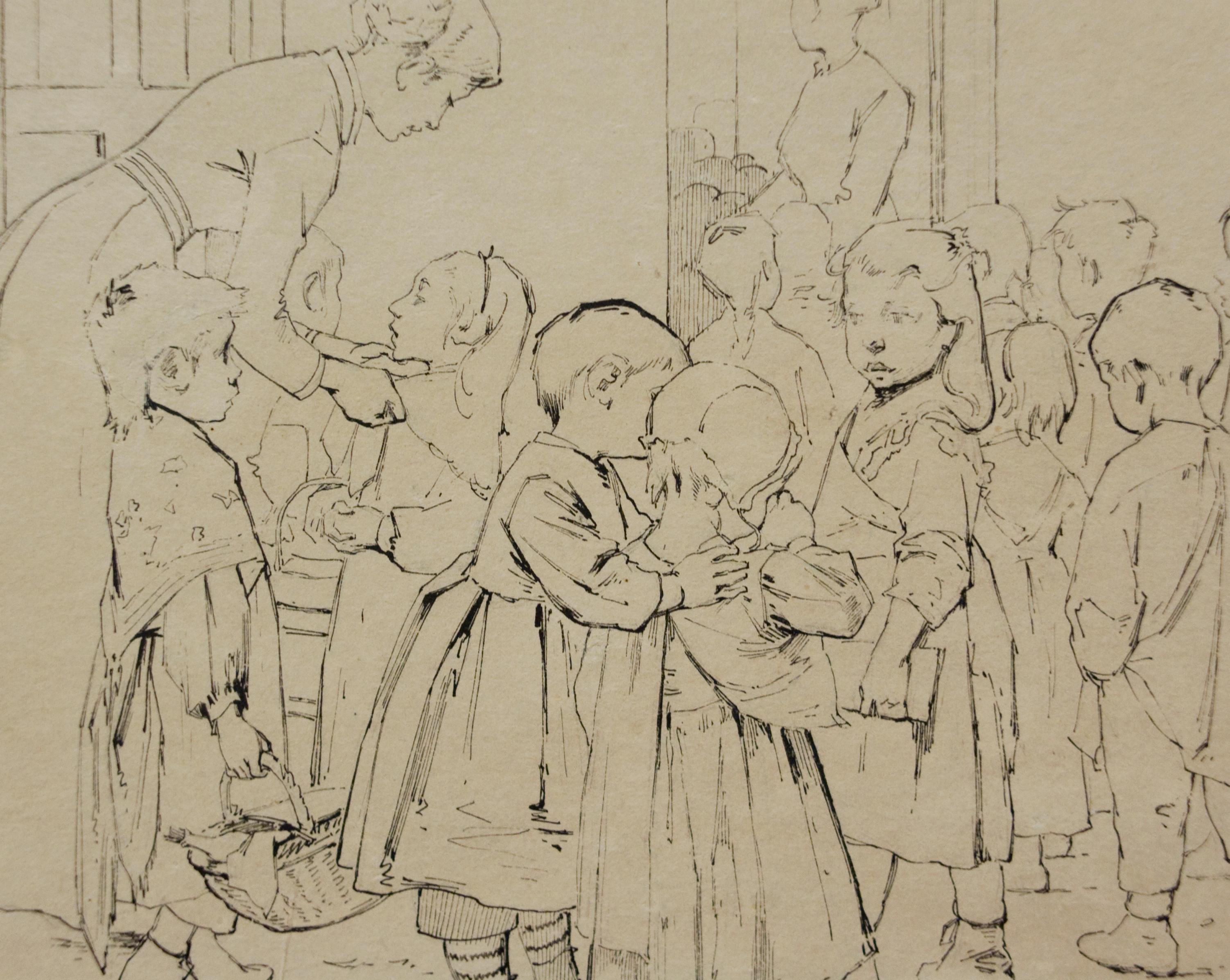 Pen and Ink school scene by Henri J. Geoffroy  - Art by Henri Jules Jean Geoffroy