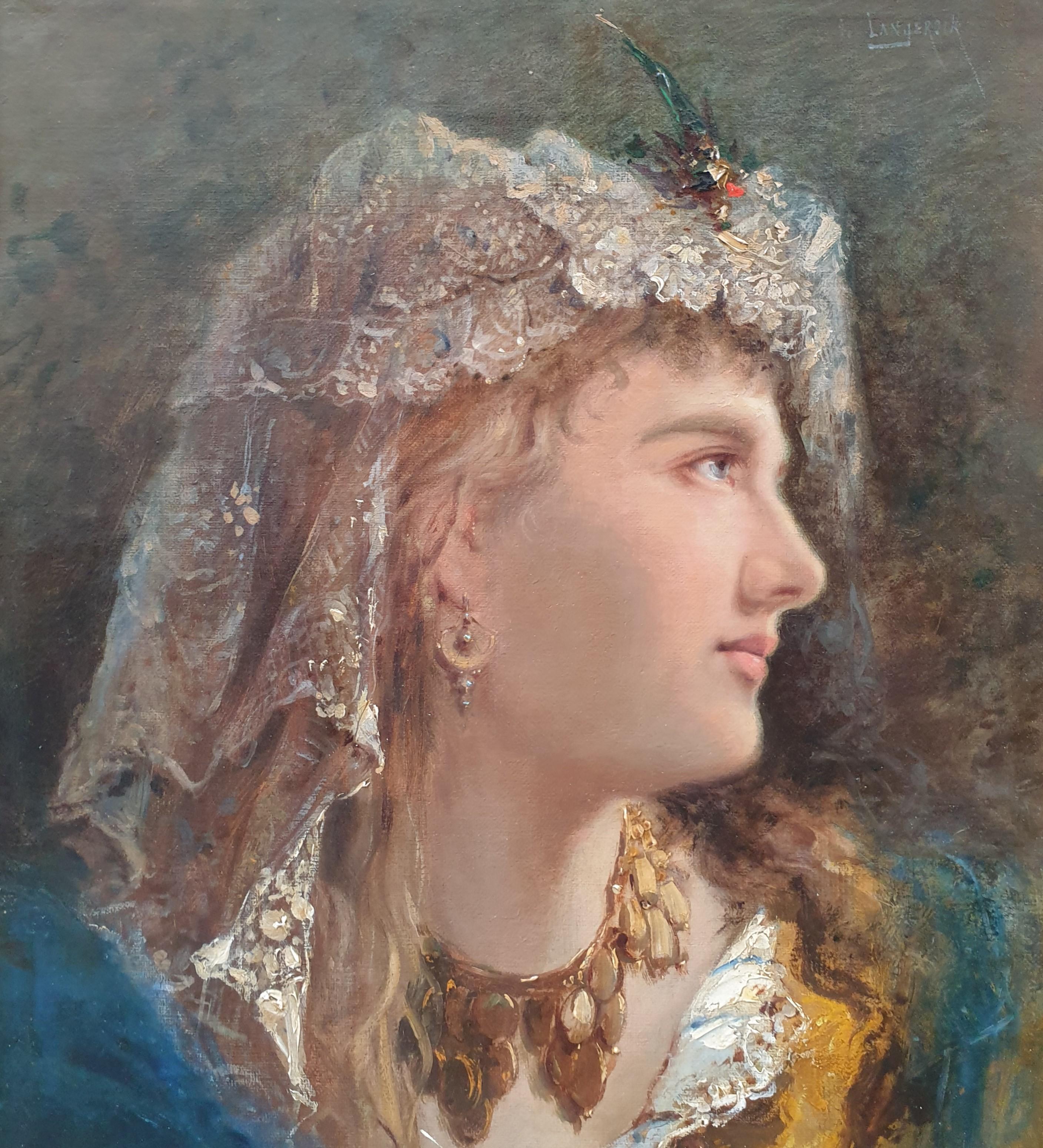 LANGEROCK Portrait Young Egyptian girl  Belgian realist painter 19th - Realist Painting by Henri LANGEROCK