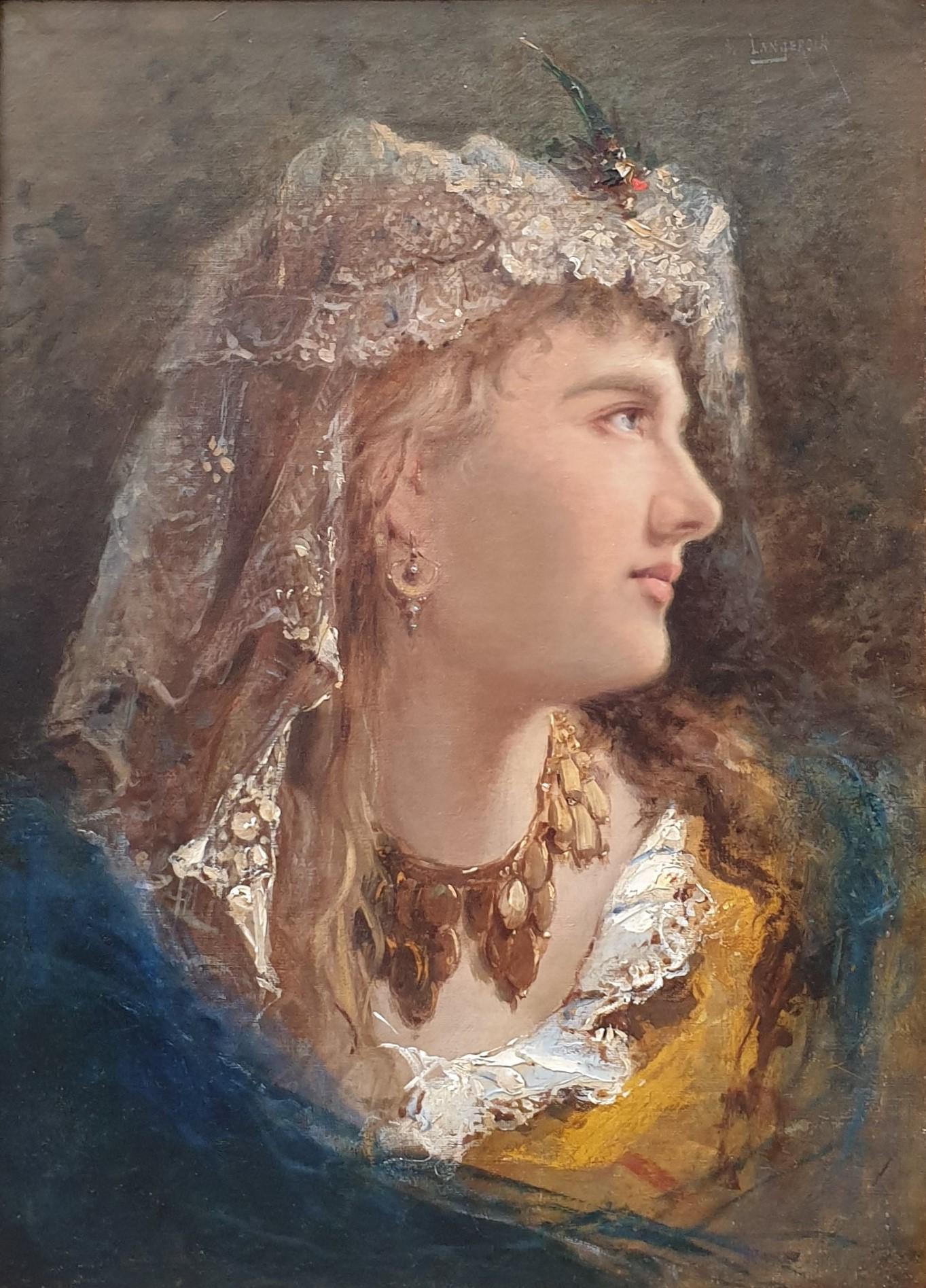 LANGEROCK Portrait Young Egyptian girl  Belgian realist painter 19th For Sale 3