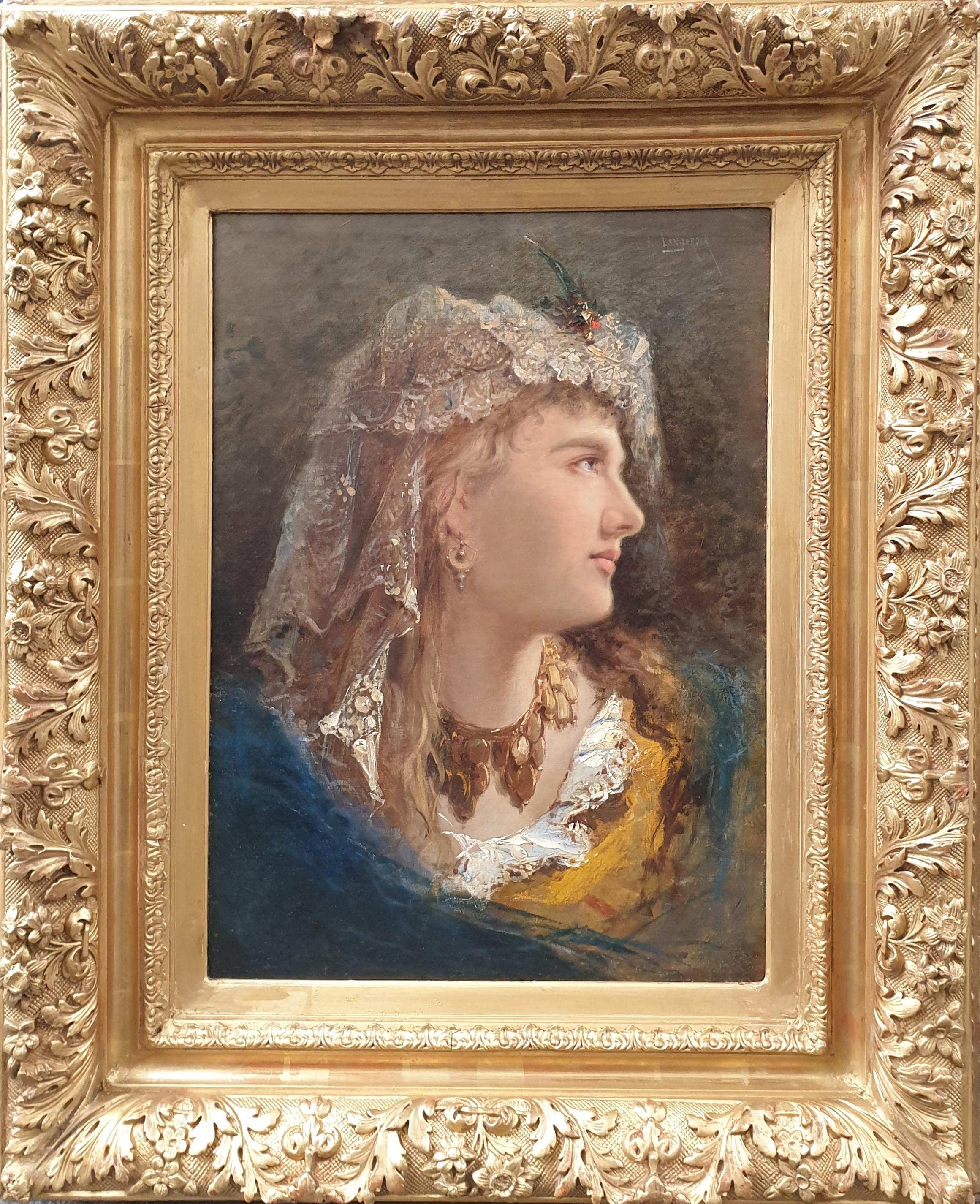 LANGEROCK Portrait Young Egyptian girl  Belgian realist painter 19th - Painting by Henri LANGEROCK
