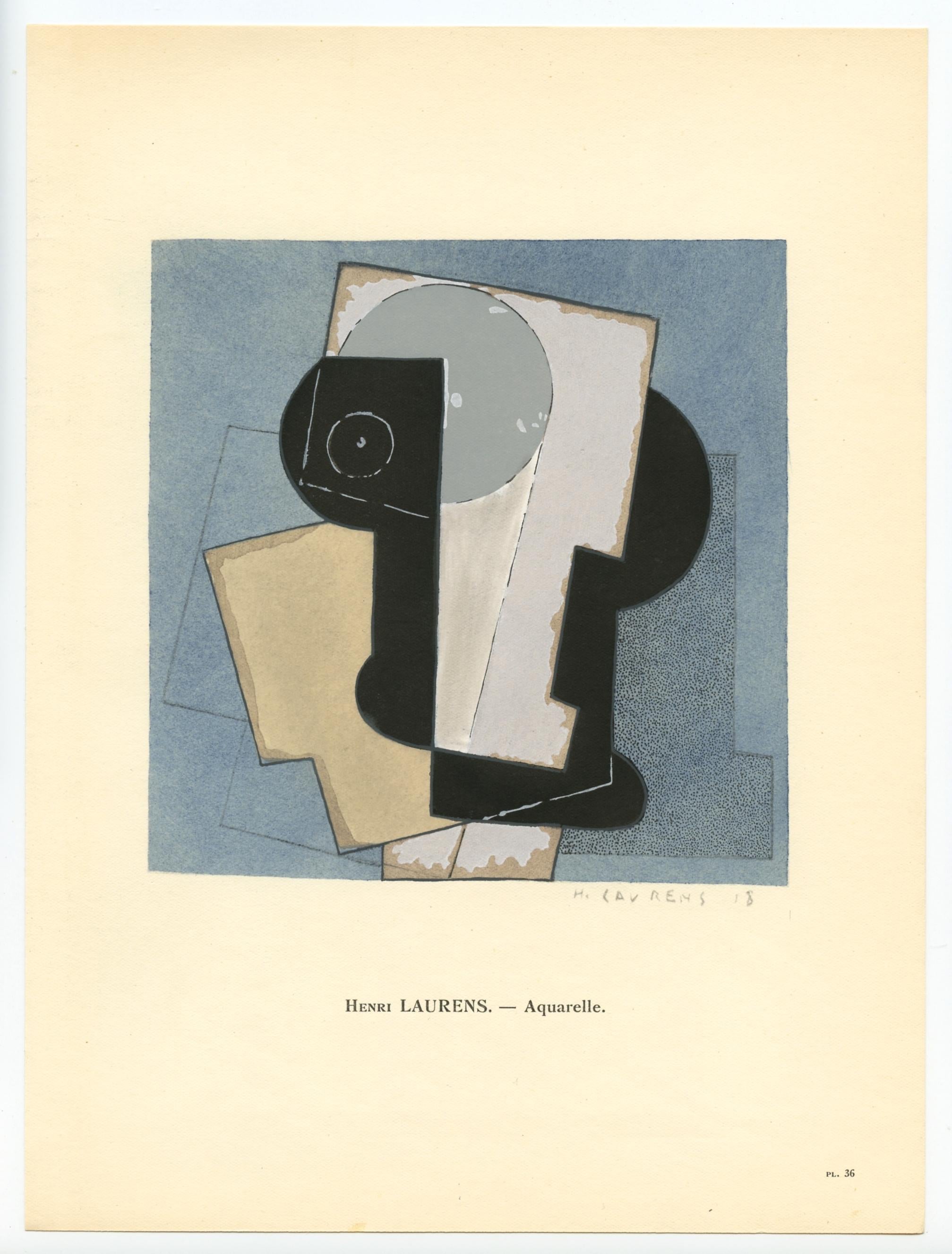 Medium: pochoir (after the gouache). Printed in Paris in 1929 at the atelier of Daniel Jacomet for L'Art Cubiste. Image size: 5 1/4 x 8 1/8 inches (132 x 205 mm). A text inscription beneath the image identifies the artist. Signed in the plate (not
