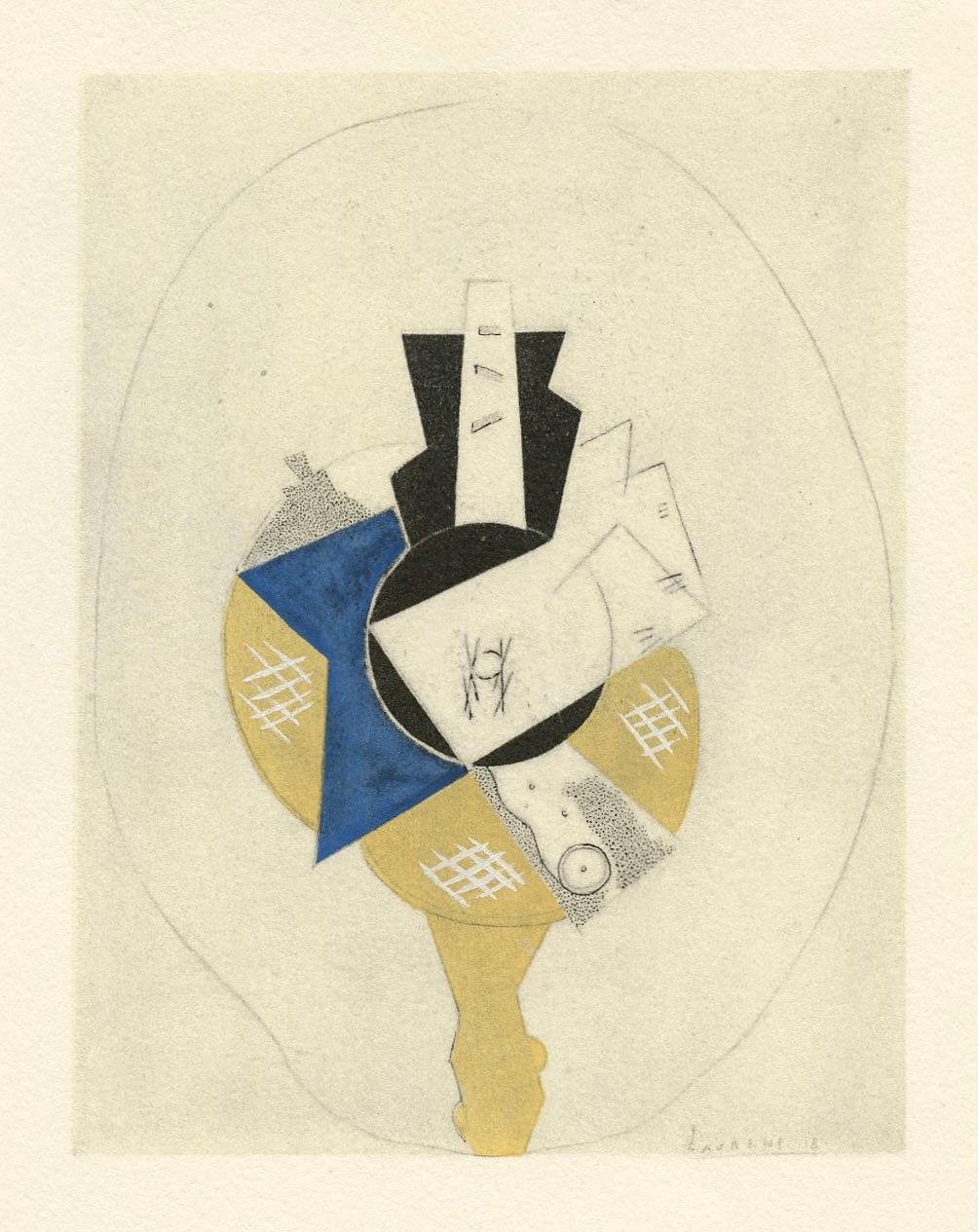 Support : pochoir (après l
aquarelle et le collage). Imprimé à Paris dans l
atelier de Daniel Jacomet et publié en 1955 par la Berggruen Gallery pour un catalogue rare. L
image mesure 4 5/8 x 3 1/2 pouces (117 x 90 mm). Une composition différente