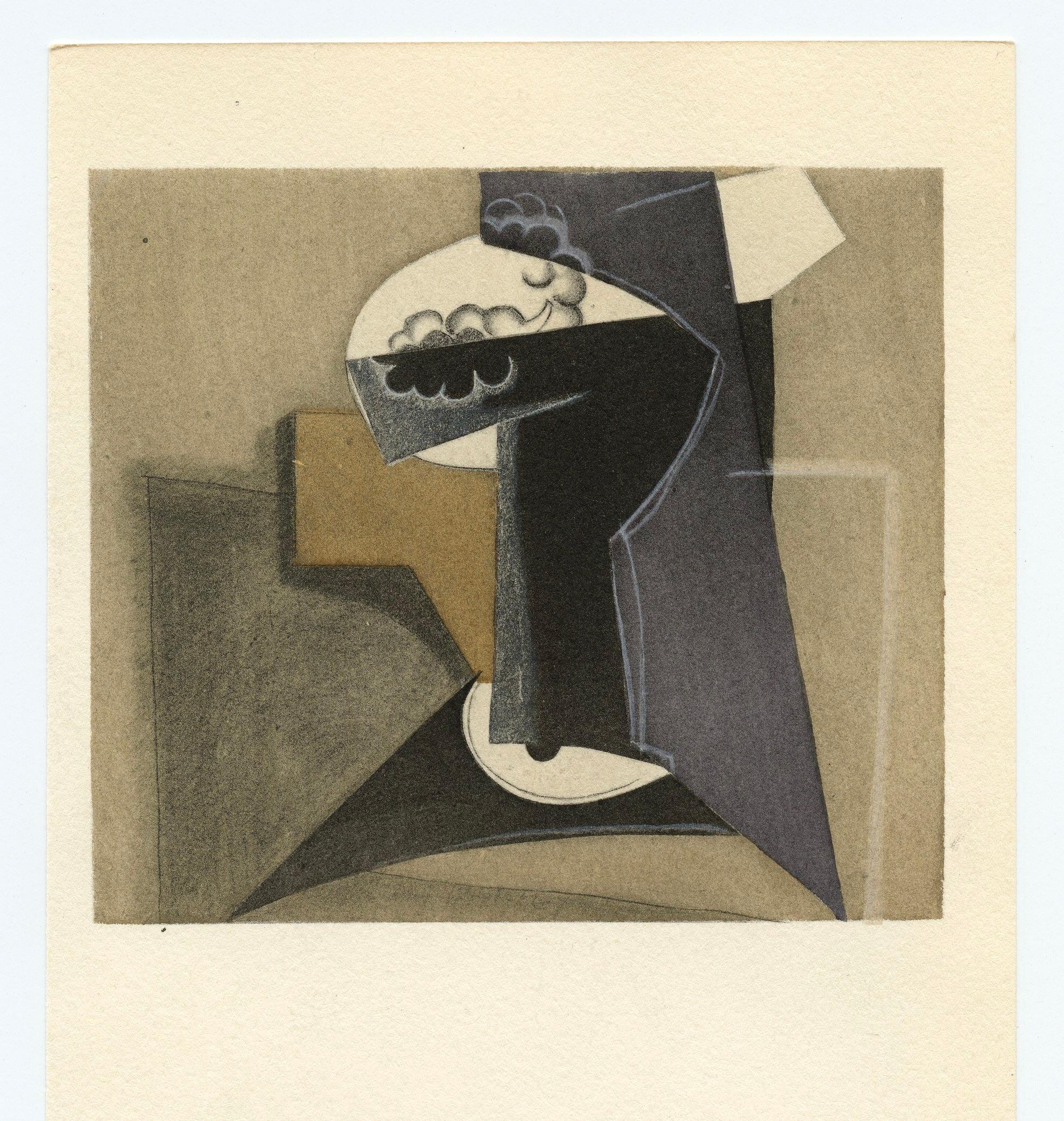 Medium: pochoir (dopo l
acquerello e il collage). Stampato a Parigi dall
Atelier A di Daniel Jacomet e pubblicato nel 1955 da Heinz Berggruen per un raro catalogo. L
immagine misura 3 1/2 x 4 pollici (90 x 100 mm). Sul retro c
è una composizione di