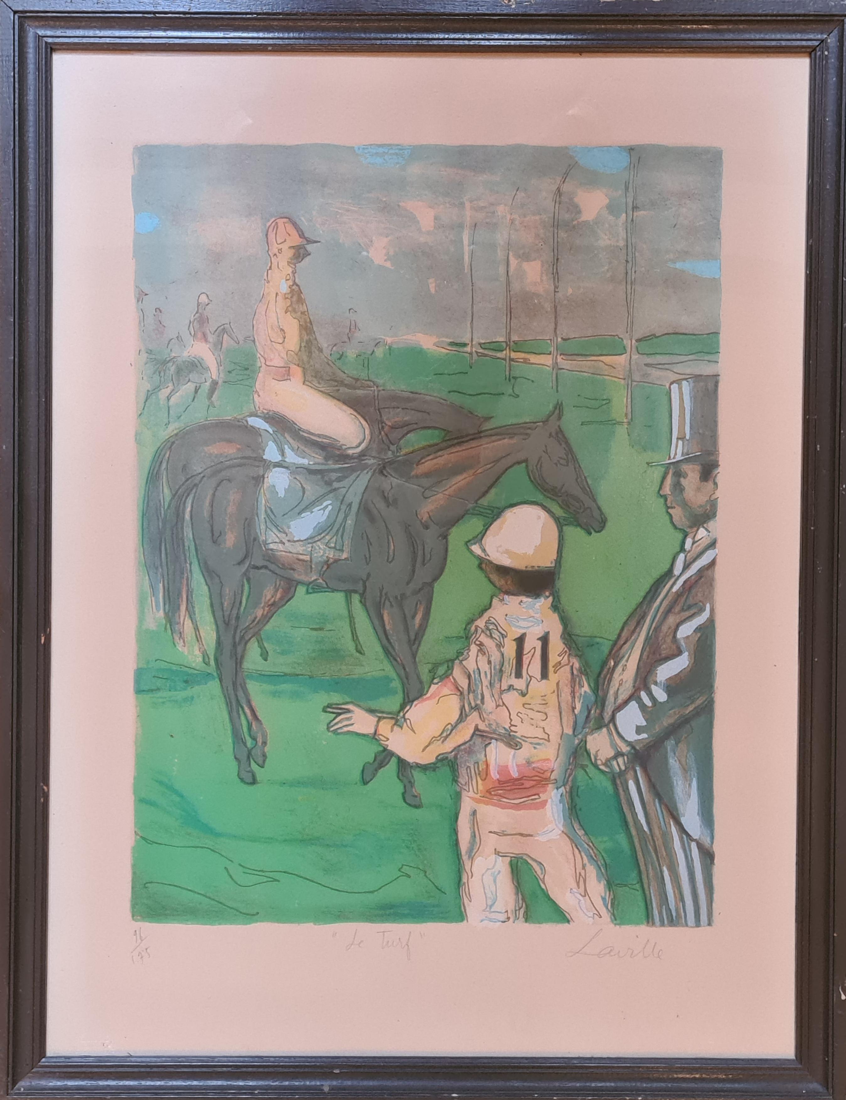 Le Turf, le propriétaire et son Jockey, Un jour aux courses, Chantilly. - Print de Henri Laville