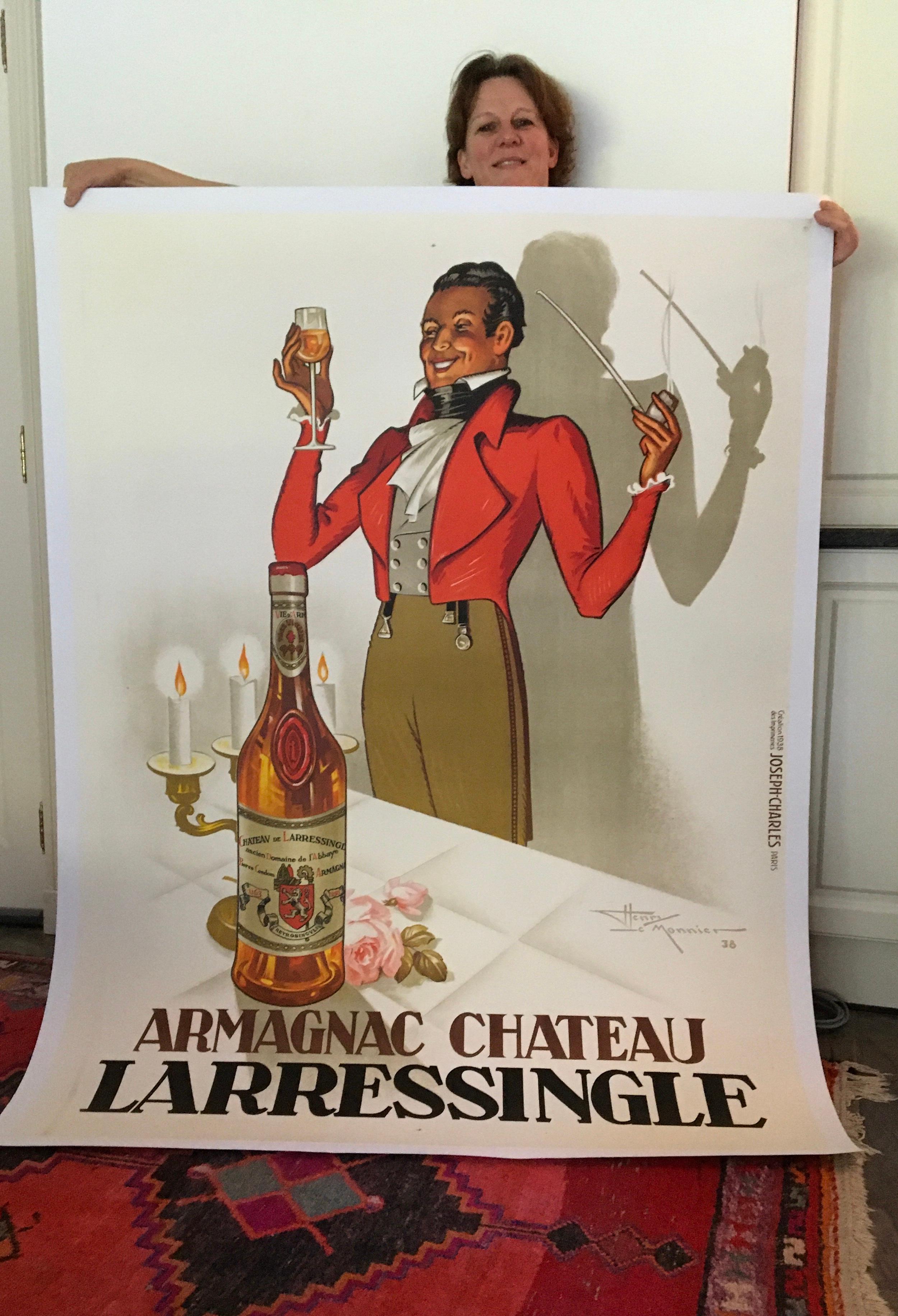 Henri Le Monnier, Armagnac Chateau Larressingle, 1938
XL French lithographic poster alreday backed on linen. 
Dimensions 62,80 inch H x 47,36 inch -----159,5 cm H x 120,3 cm 
excluded the white border of the linen. 
Signed Henri Le Monnier.