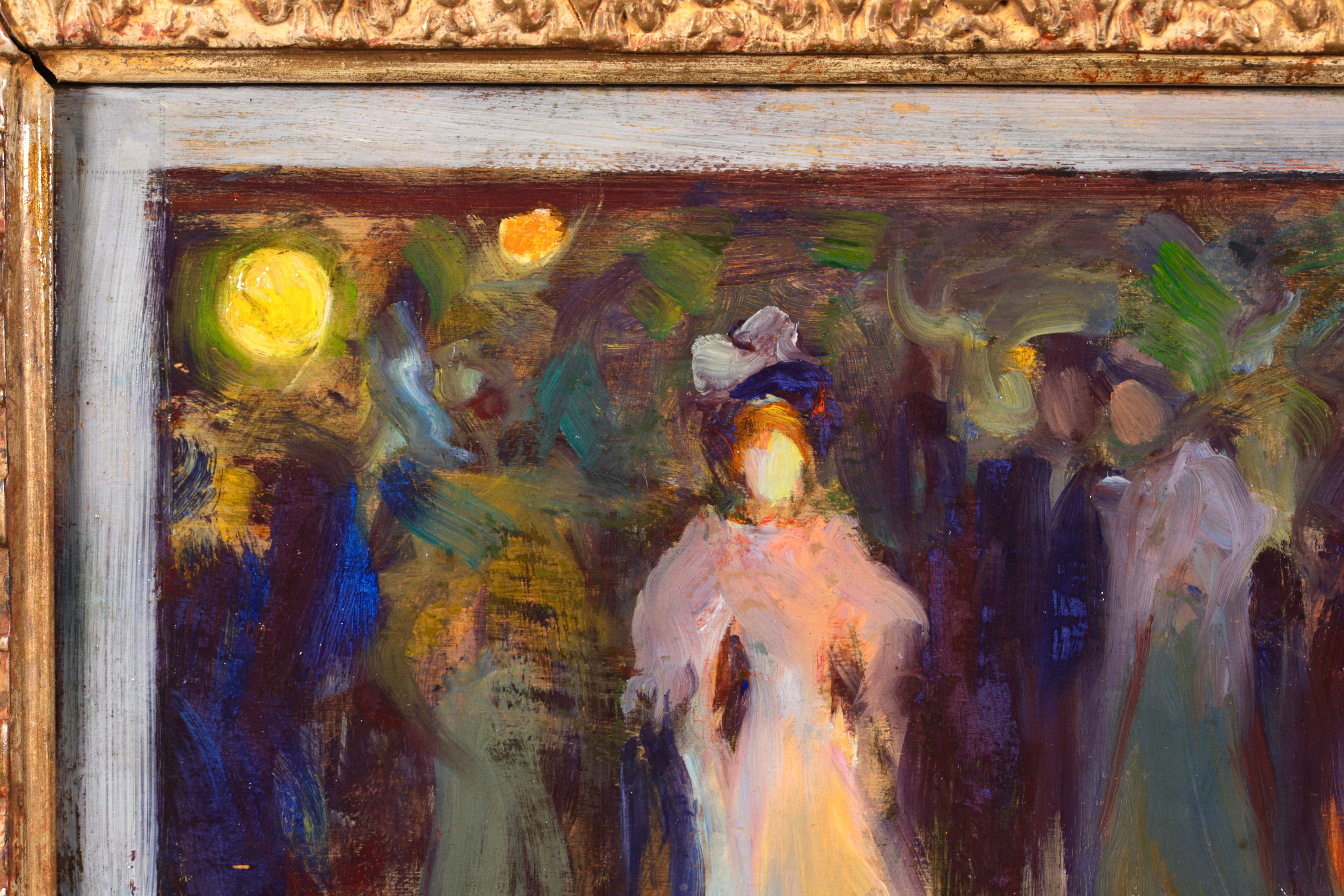 Huile figurative post impressionniste signée sur panneau vers 1910 par le peintre français Henri Le Sidaner. Cette pièce absolument magnifique représente des personnes élégantes se promenant le soir dans un parc. Le chemin est éclairé par la lueur