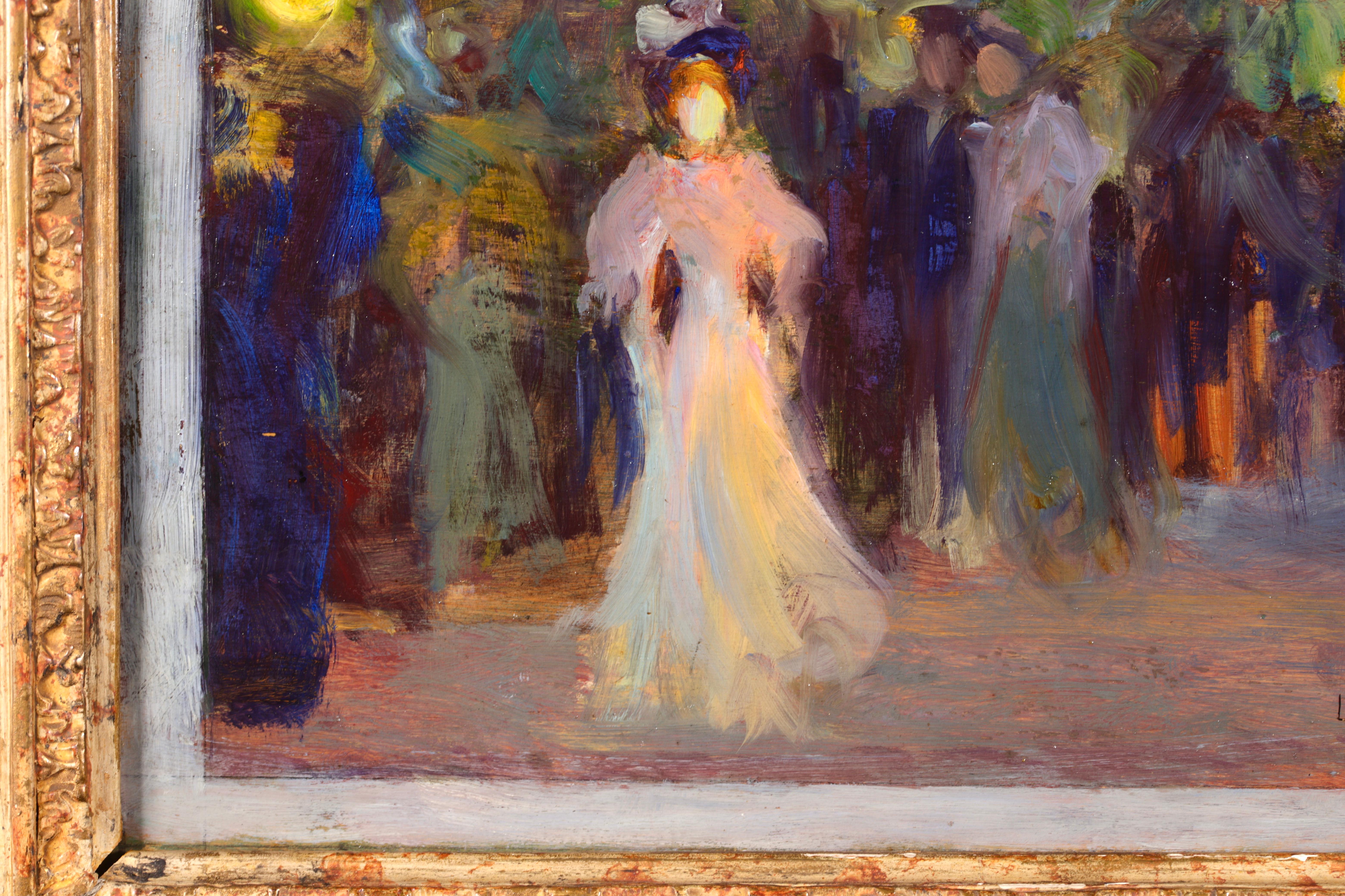 Signed post impressionist figurative oil on panel circa 1910 by sought after French painter Henri Le Sidaner. This absolutely stunning piece depicts elegant people taking an evening stroll through a park. The path is lit by the yellow glow of the