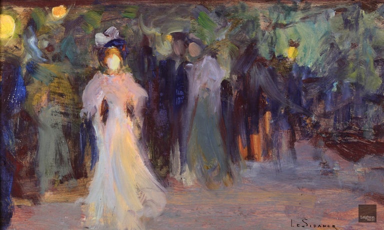 Signed post impressionist figurative oil on panel circa 1910 by sought after French painter Henri Le Sidaner. This absolutely stunning piece depicts elegant people taking an evening stroll through a park. The path is lit by the yellow glow of the
