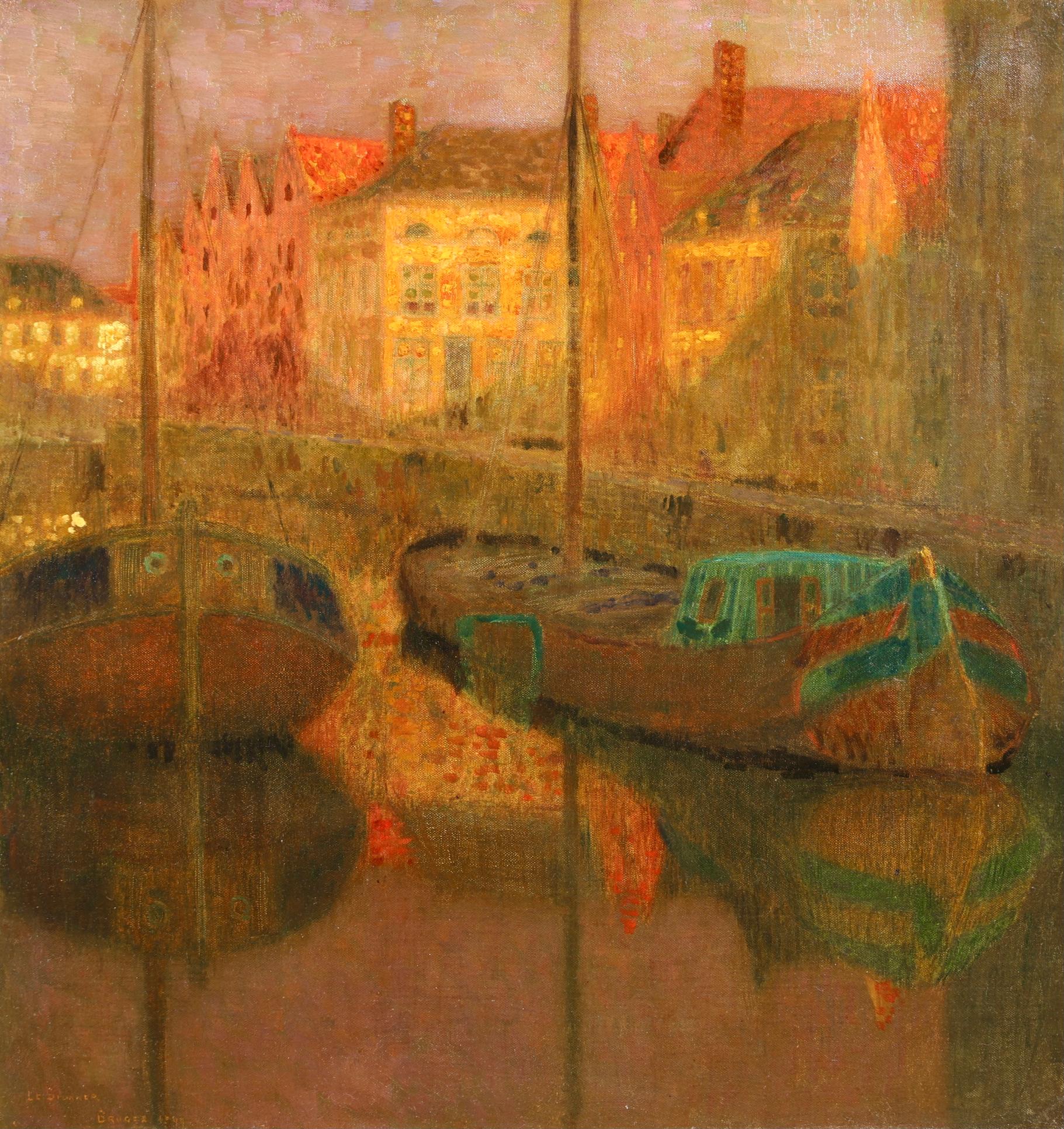 Barques de Peche - Post Impressionist Landscape Oil by Henri Le Sidaner For Sale 1