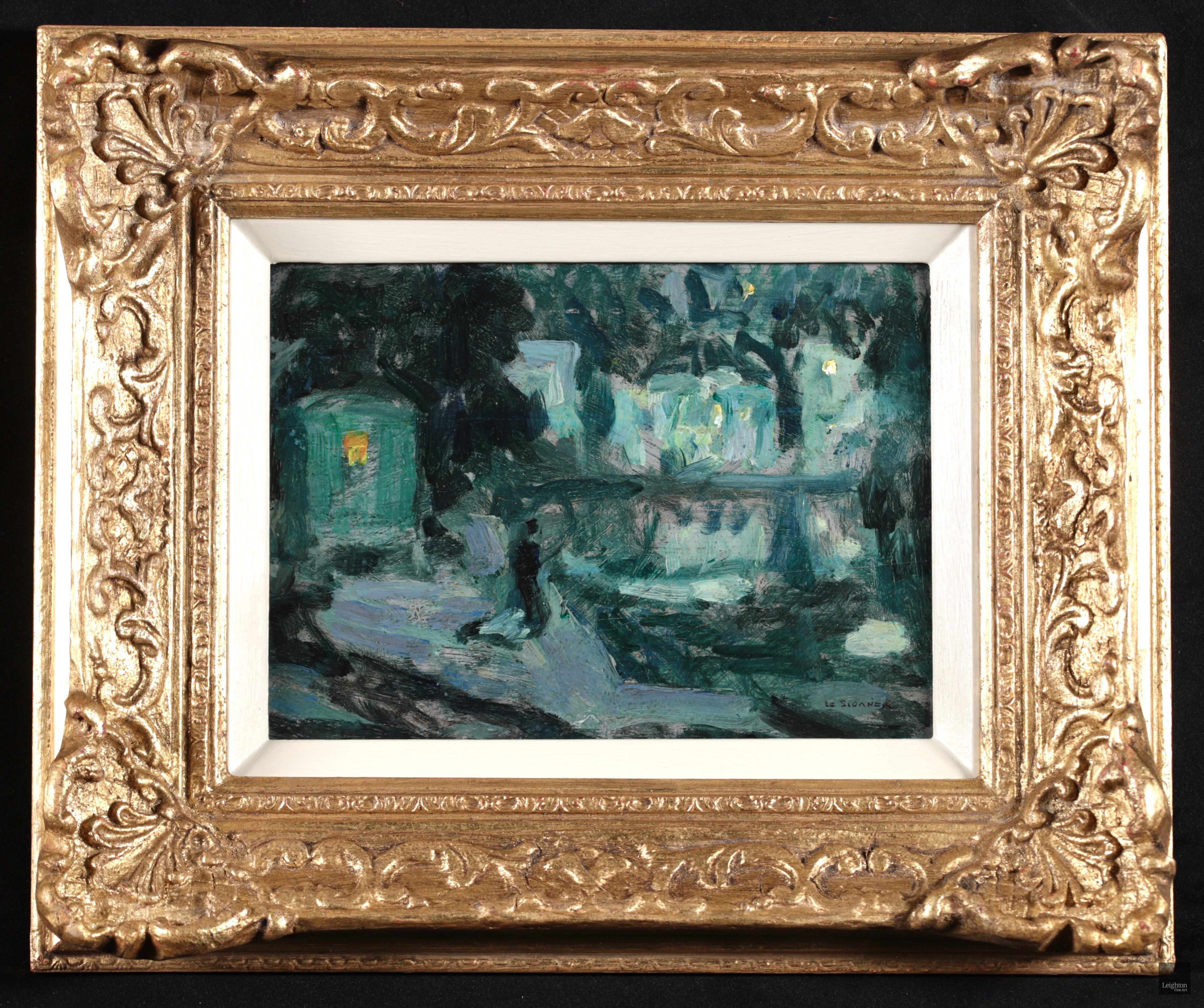 Signed post impressionist landscape oil on panel circa 1920 by French painter Henri le Sidaner. The work, painted in green and blue tones, depicts a moonlit riverscape in Quimperle which is in Brittany, France. The town's buildings are reflecting in