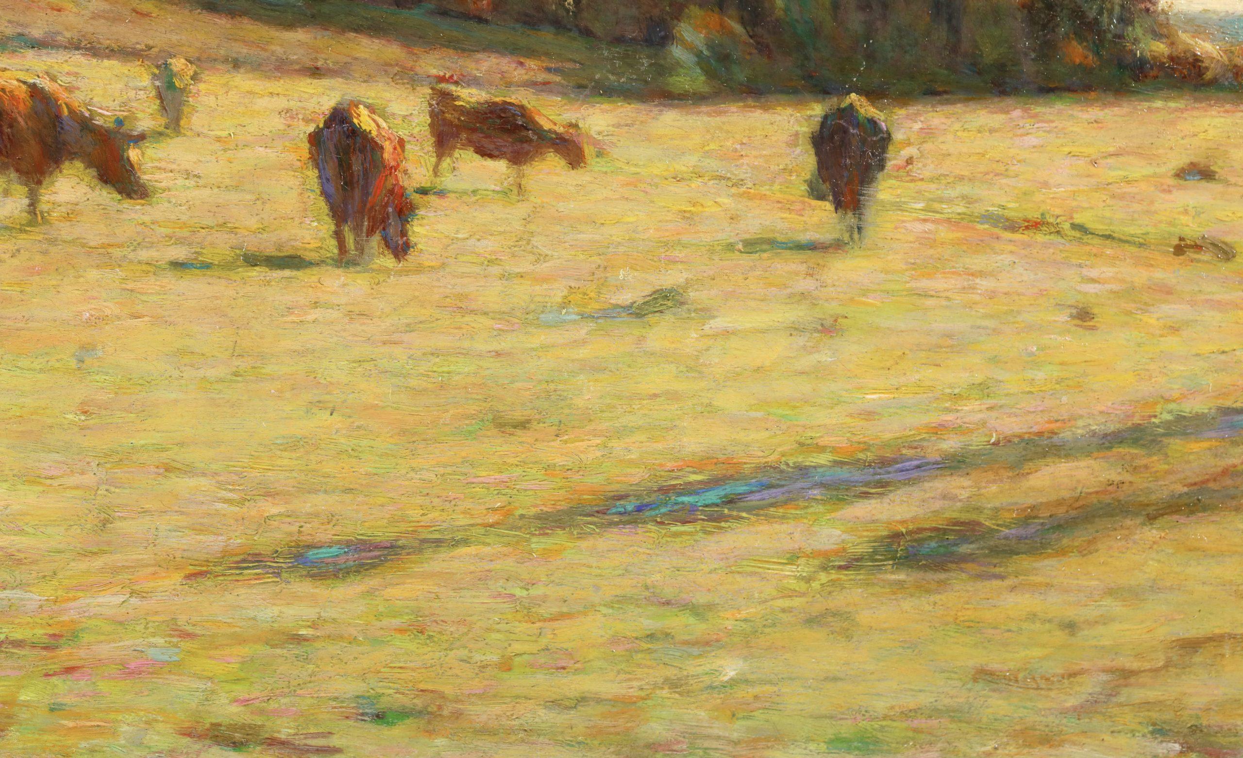 Effets de lumiere dans le pre - Paesaggio Post Impressionista Olio di H. H. Le Sidaner - Animal Painting Marrone di Henri Le Sidaner