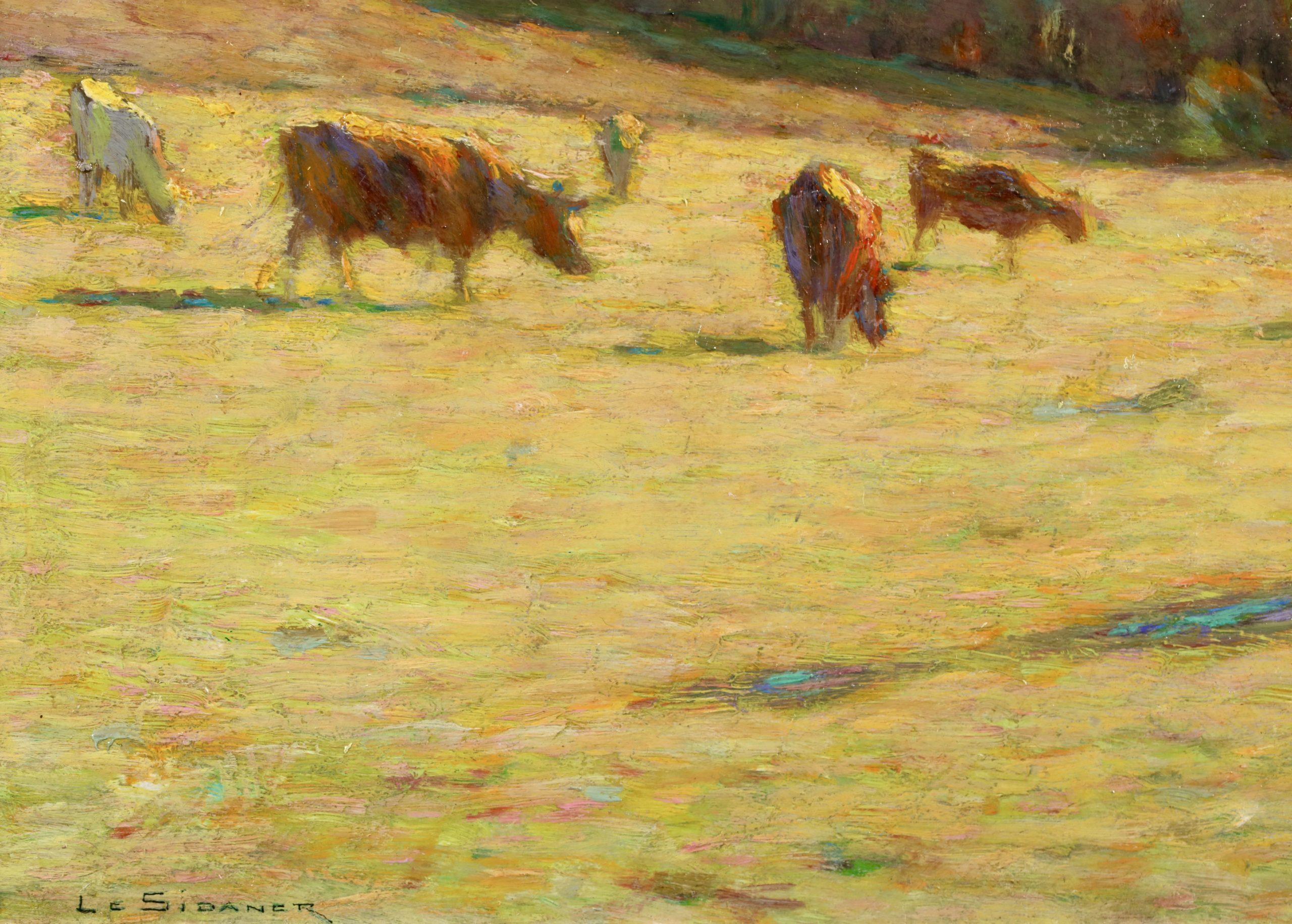 Firmato Animali post impressionisti in un paesaggio olio su tavola del pittore francese Henri Le Sidaner. Questo splendido pezzo raffigura del bestiame in un campo. Il sole sta iniziando a tramontare proiettando ombre blu sull'erba giallo-verde.