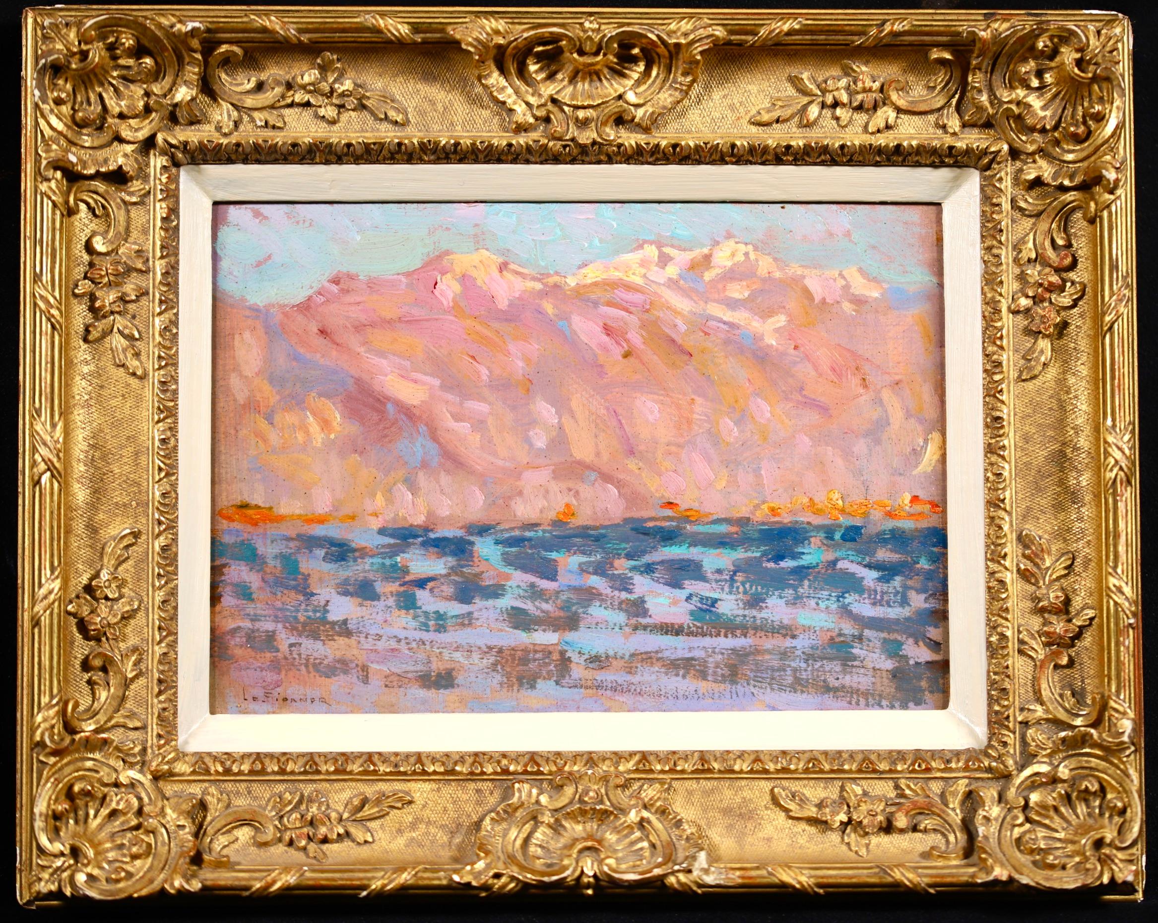 Huile sur panneau post impressionniste signée vers 1910 par le peintre français Henri le Sidaner. L'œuvre représente une vue du lac Majeur, un grand lac situé sur le versant sud des Alpes, à la frontière entre l'Italie et la Suisse, et le deuxième