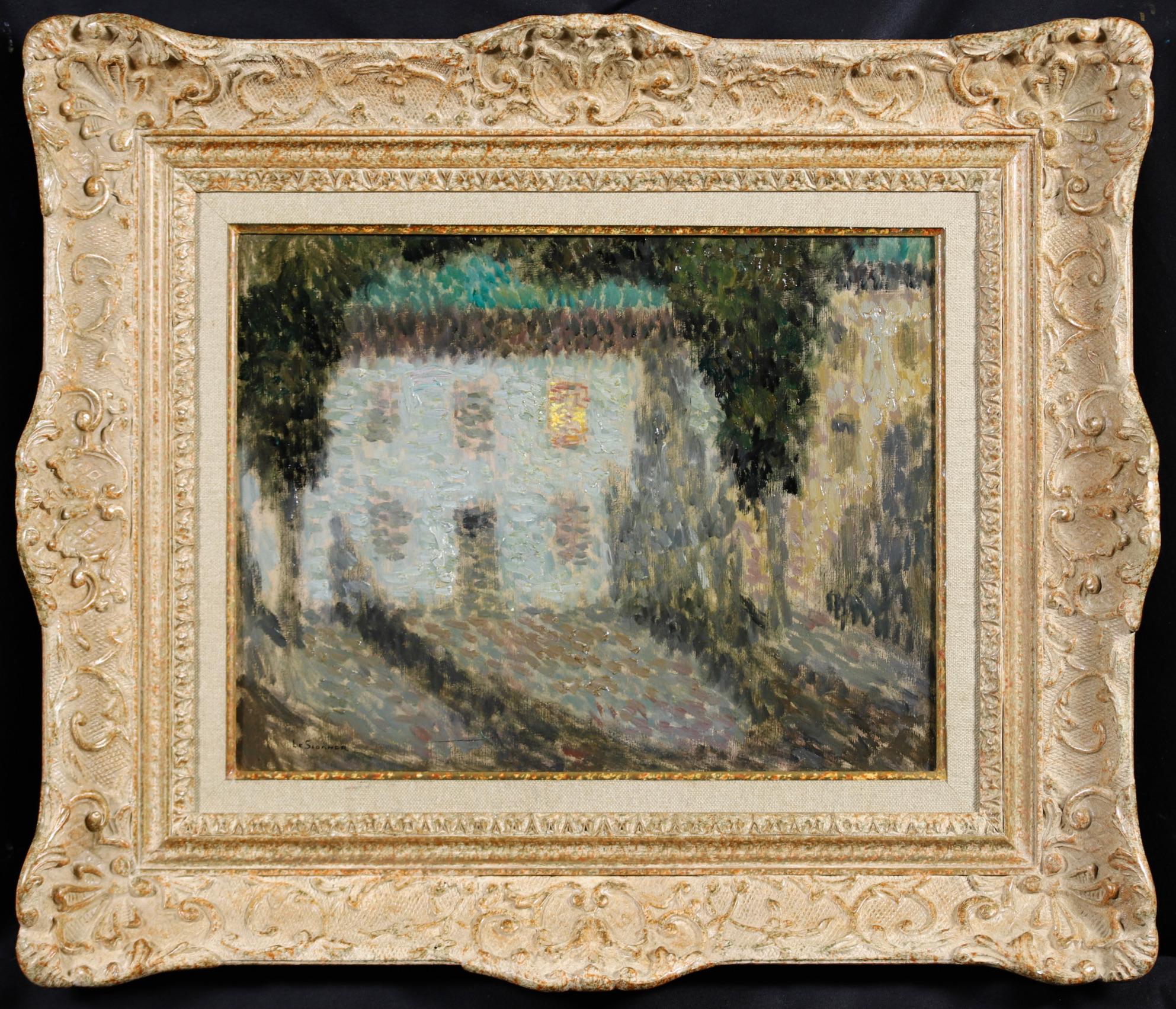 Signed divisionist landscape oil on panel circa 1920 by French painter Henri le Sidaner. This stunning piece  depicts a white house framed by trees at nighttime. Light glows from the top right window. A long shadow of a passerby creeps up the left