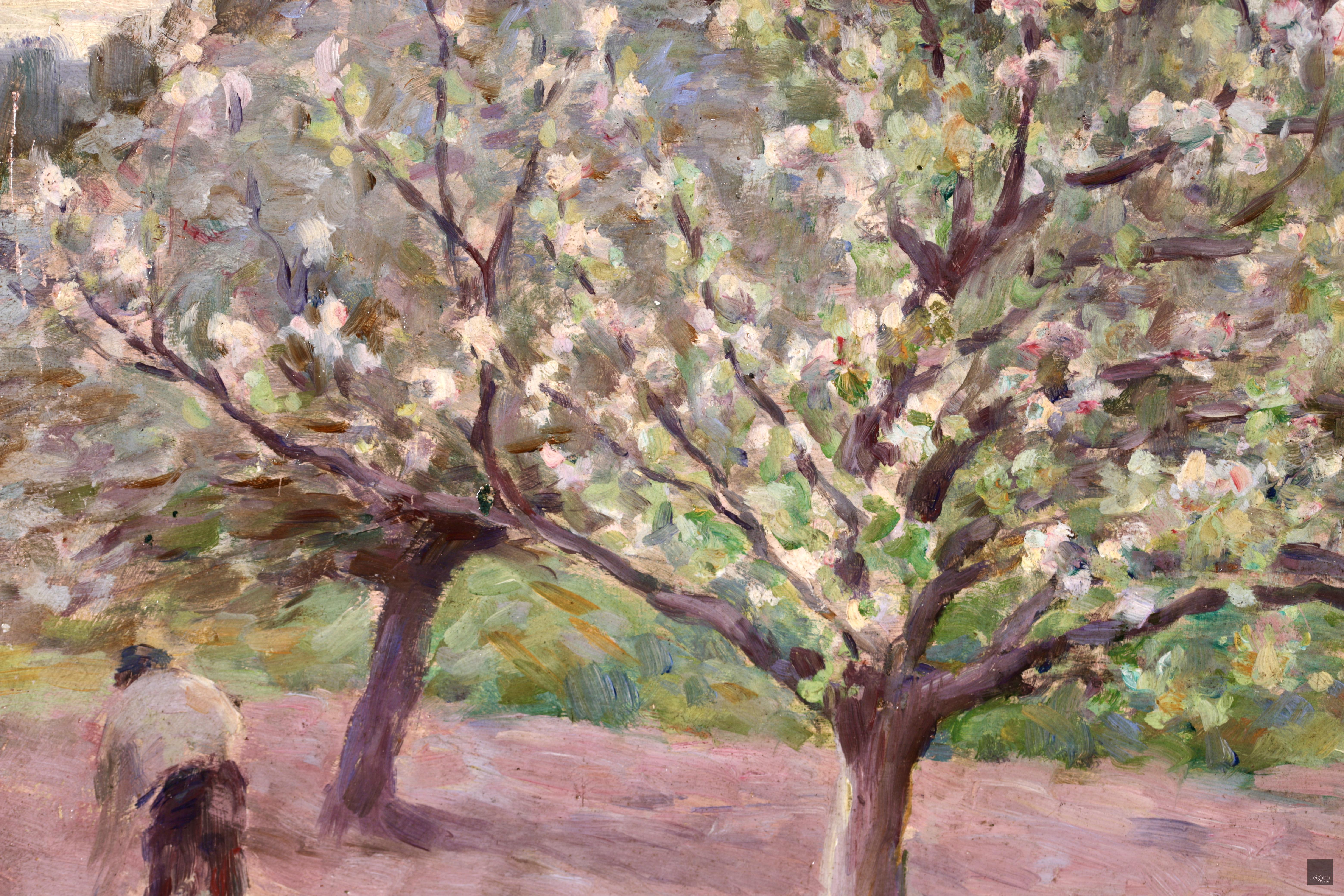 Signed and dated oil on panel figure in landscape by sought after impressionist painter Henri Le Sidaner. The work depicts a farmer walking beneath blossom trees in an orchard in spring. The trees are covered in pink buds starting to blossom and