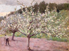 Paysan dans un verger - Impressionist Oil, Spring Landscape by Henri Le Sidaner
