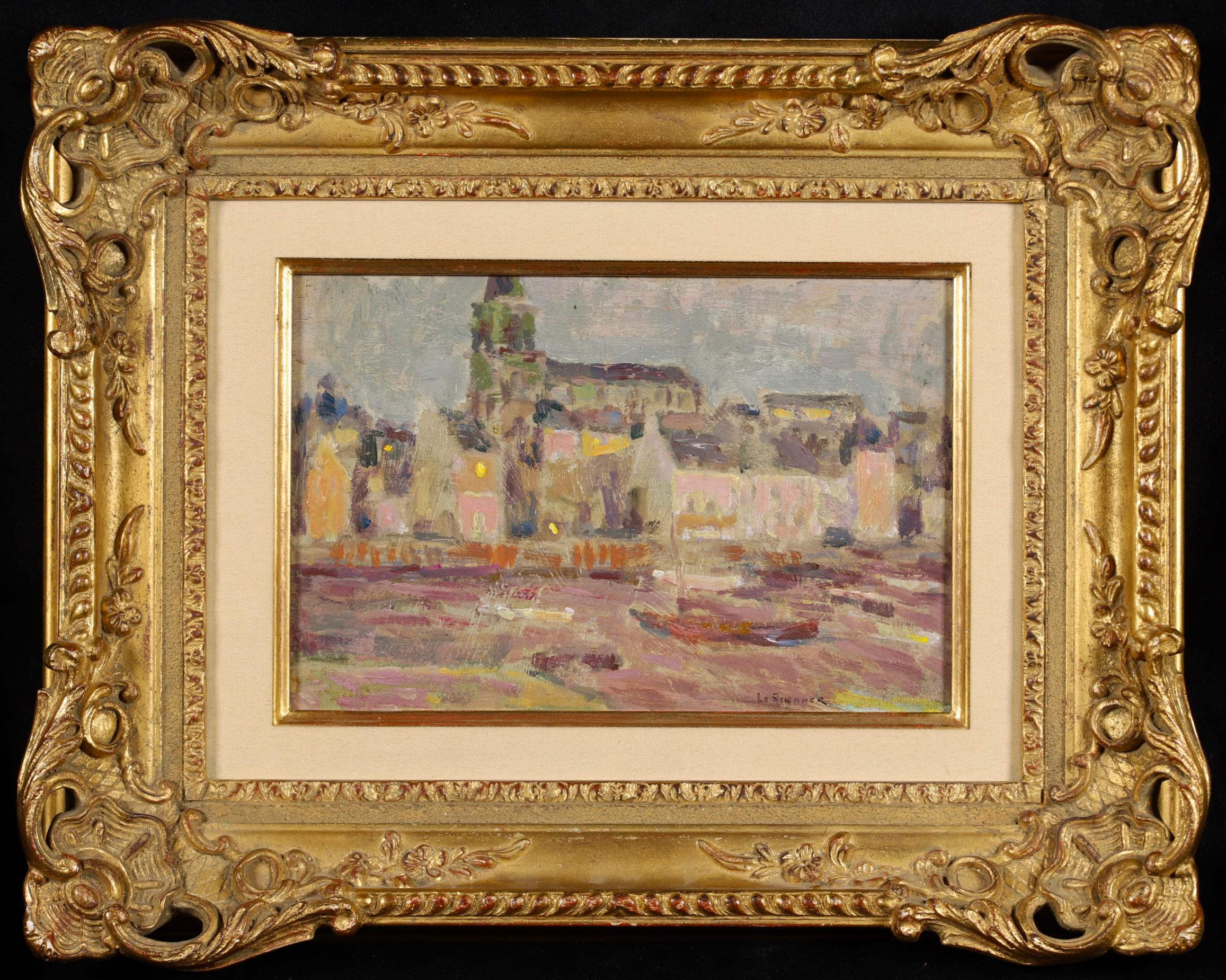 Signed post impressionist landscape oil on panel by French painter Henri le Sidaner. The work depicts a nighttime view of the bay at Saint Servan, Brittany in the north of France. There are boats in the dark waters and lights can be seen in the