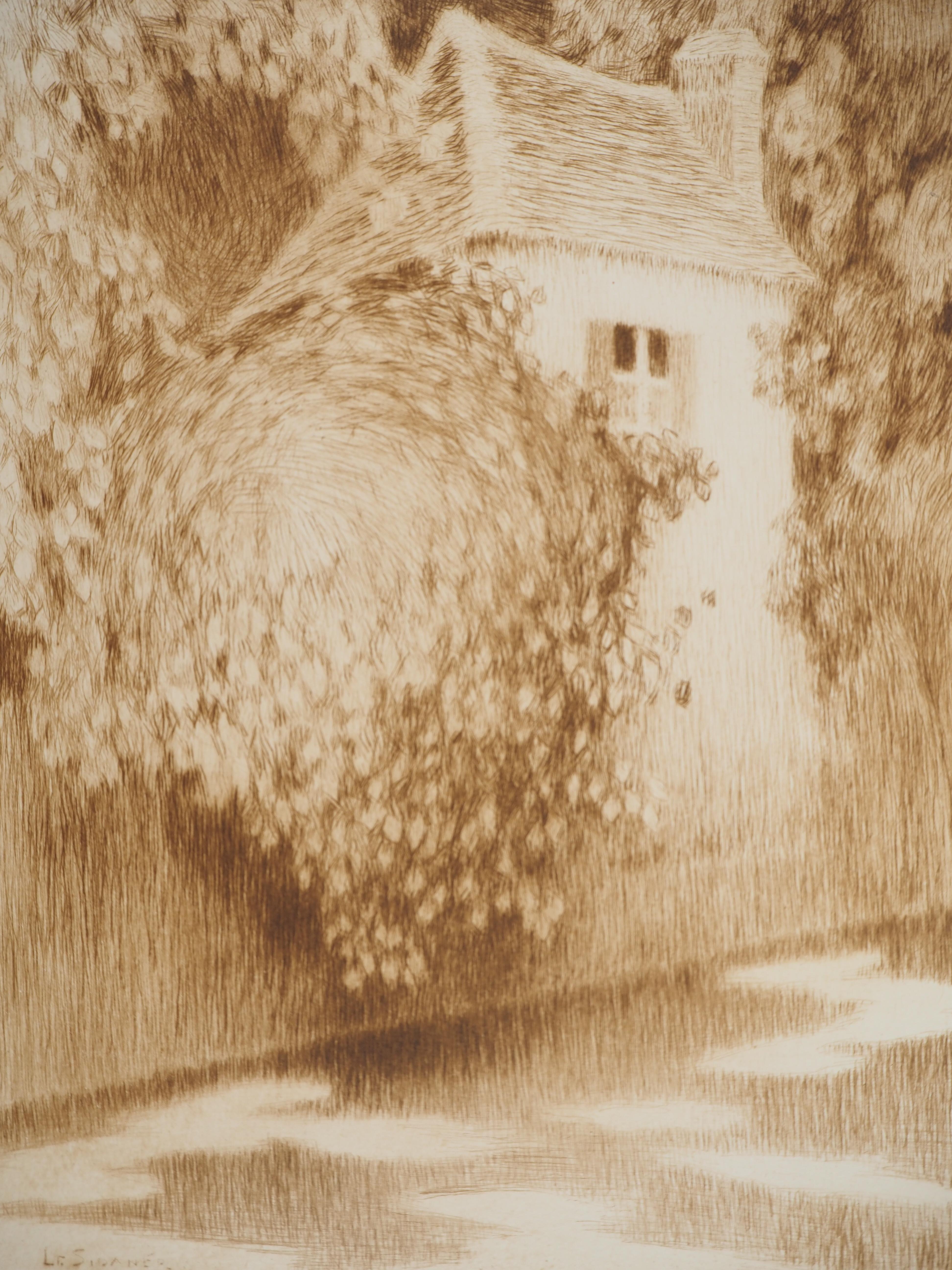Impressionismo: Casa nel Wood - Acquaforte originale - Landscape Print Beige di Henri Le Sidaner