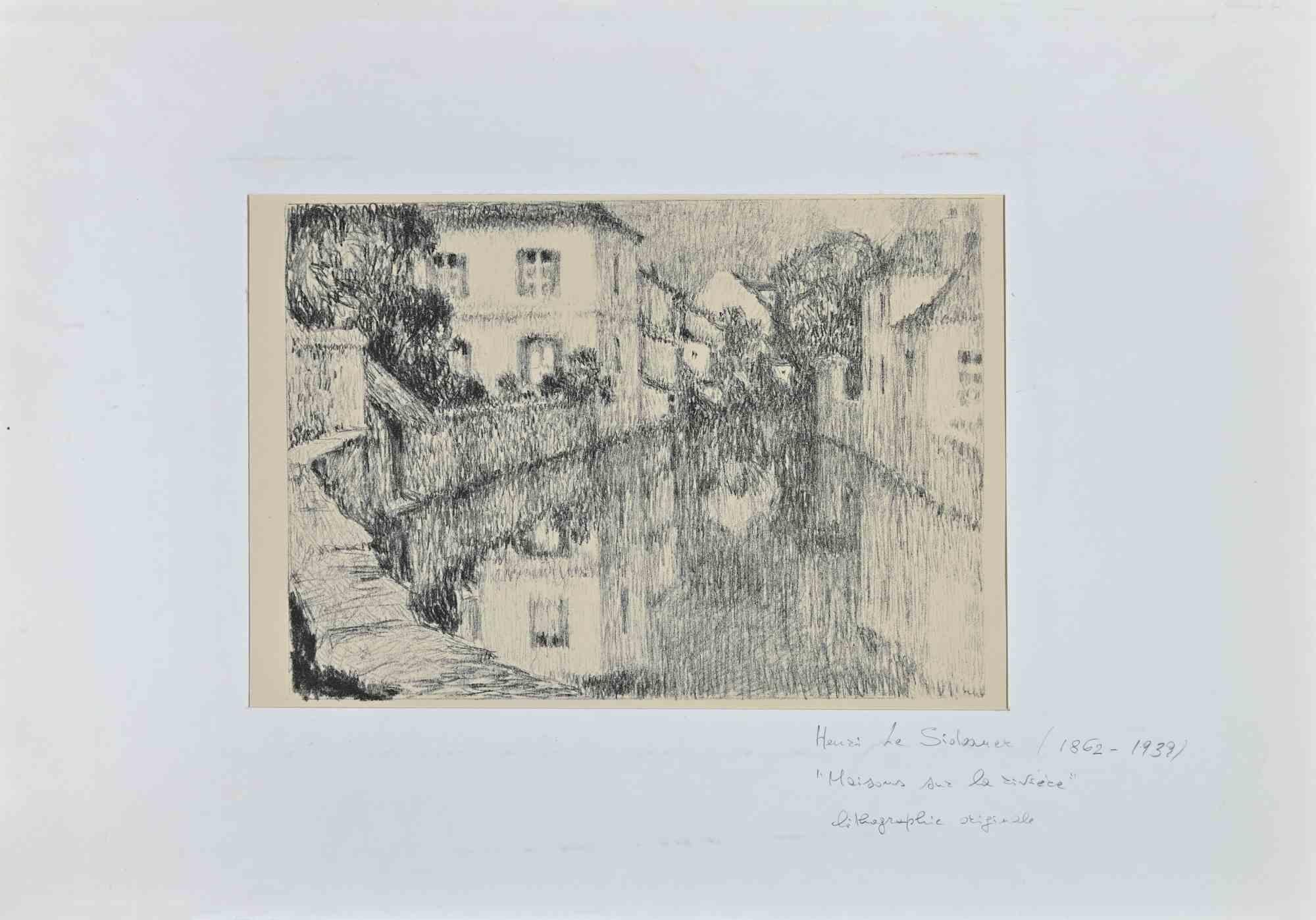Maisons sur la Rivière - Lithograph by H. Le Sildaner - Early 20th Century - Print by Henri Le Sidaner