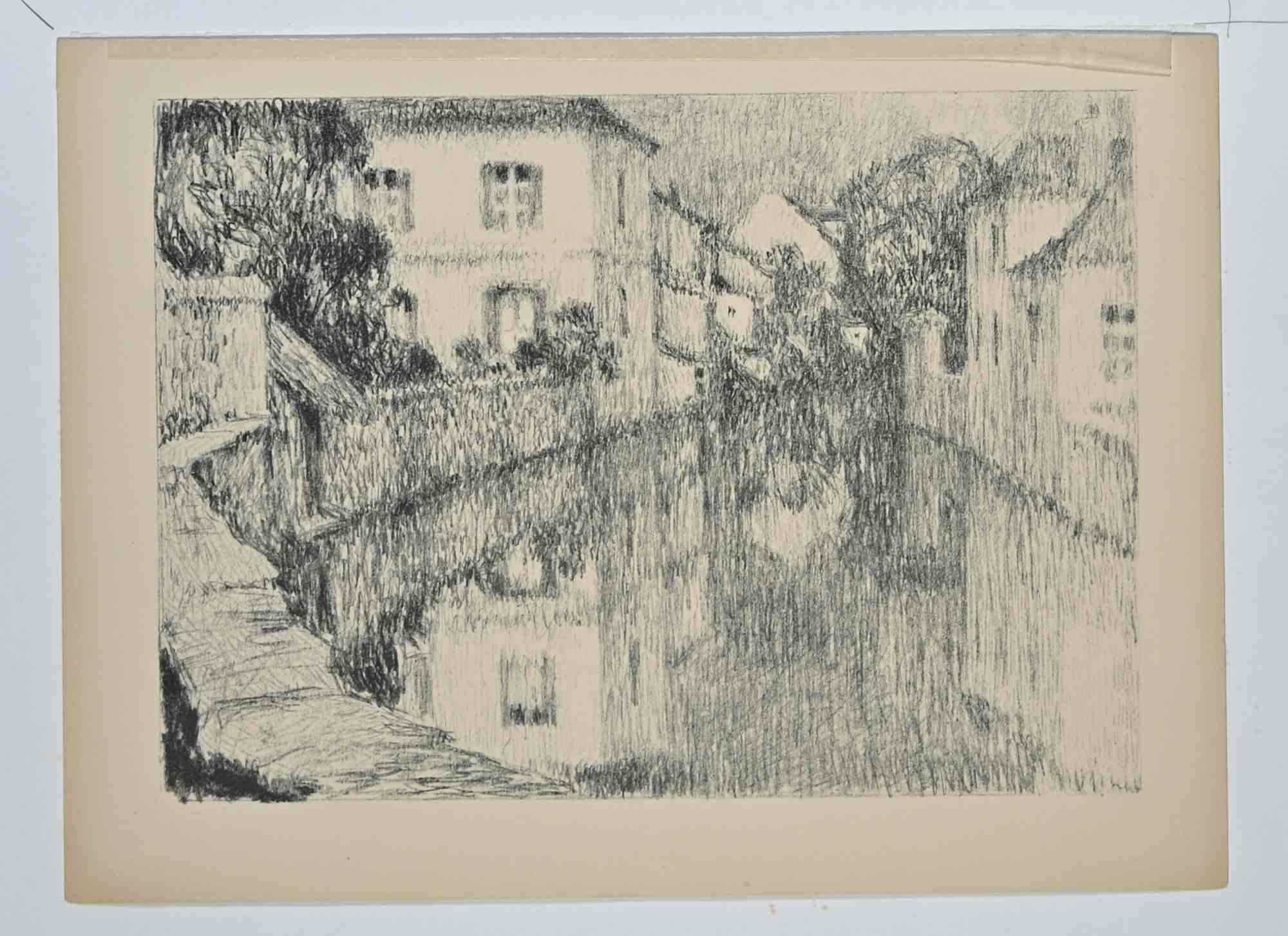 Maisons sur la Rivière - Lithograph by H. Le Sildaner - Early 20th Century