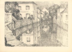 Maisons sur la Rivière - Original Lithograph by Henri Le Sildaner - Early 1900