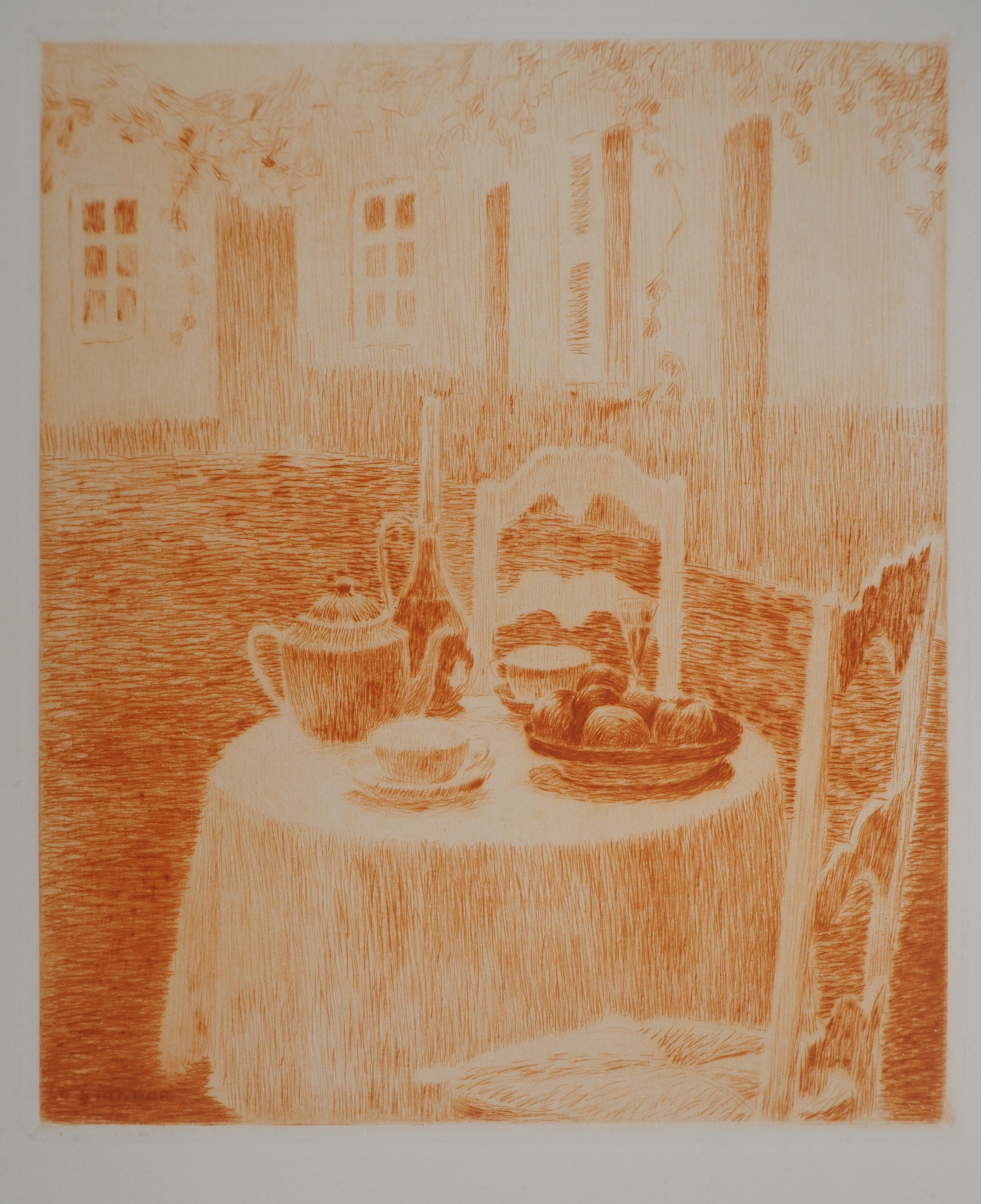 La tovaglia rosa - Incisione originale - Print Impressionismo di Henri Le Sidaner