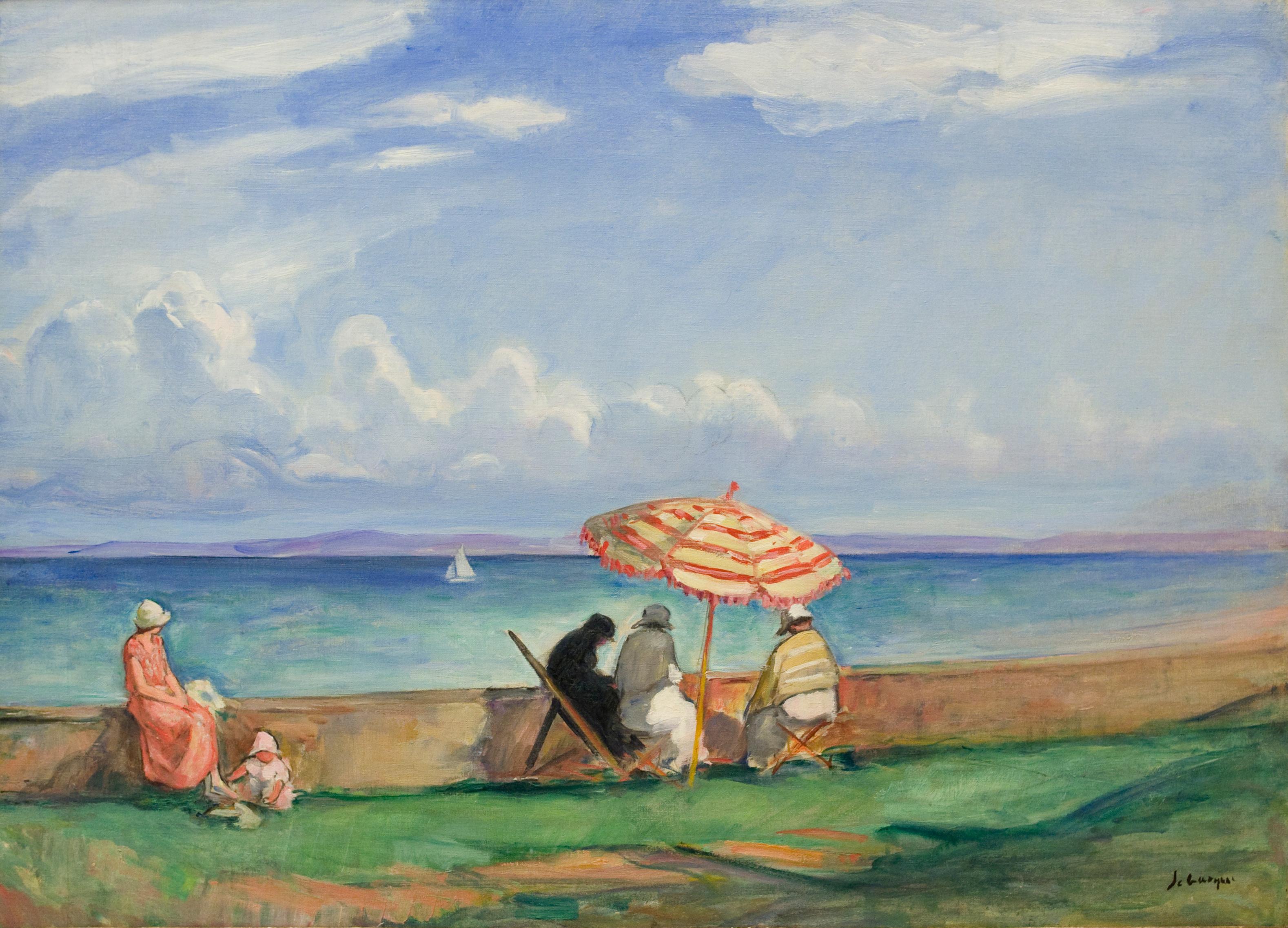 Peinture impressionniste du début du 20e siècle, Parasol de plage - Painting de Henri Lebasque