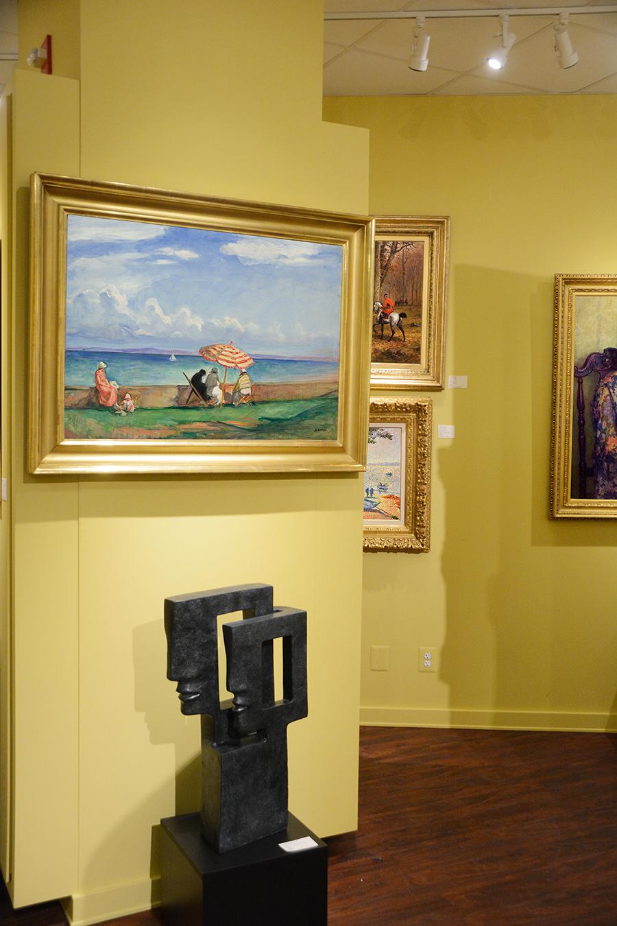 Peinture impressionniste du début du 20e siècle, Parasol de plage - Marron Figurative Painting par Henri Lebasque