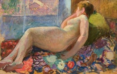 Early 20th Century Impressionist painting, Nude on Divan