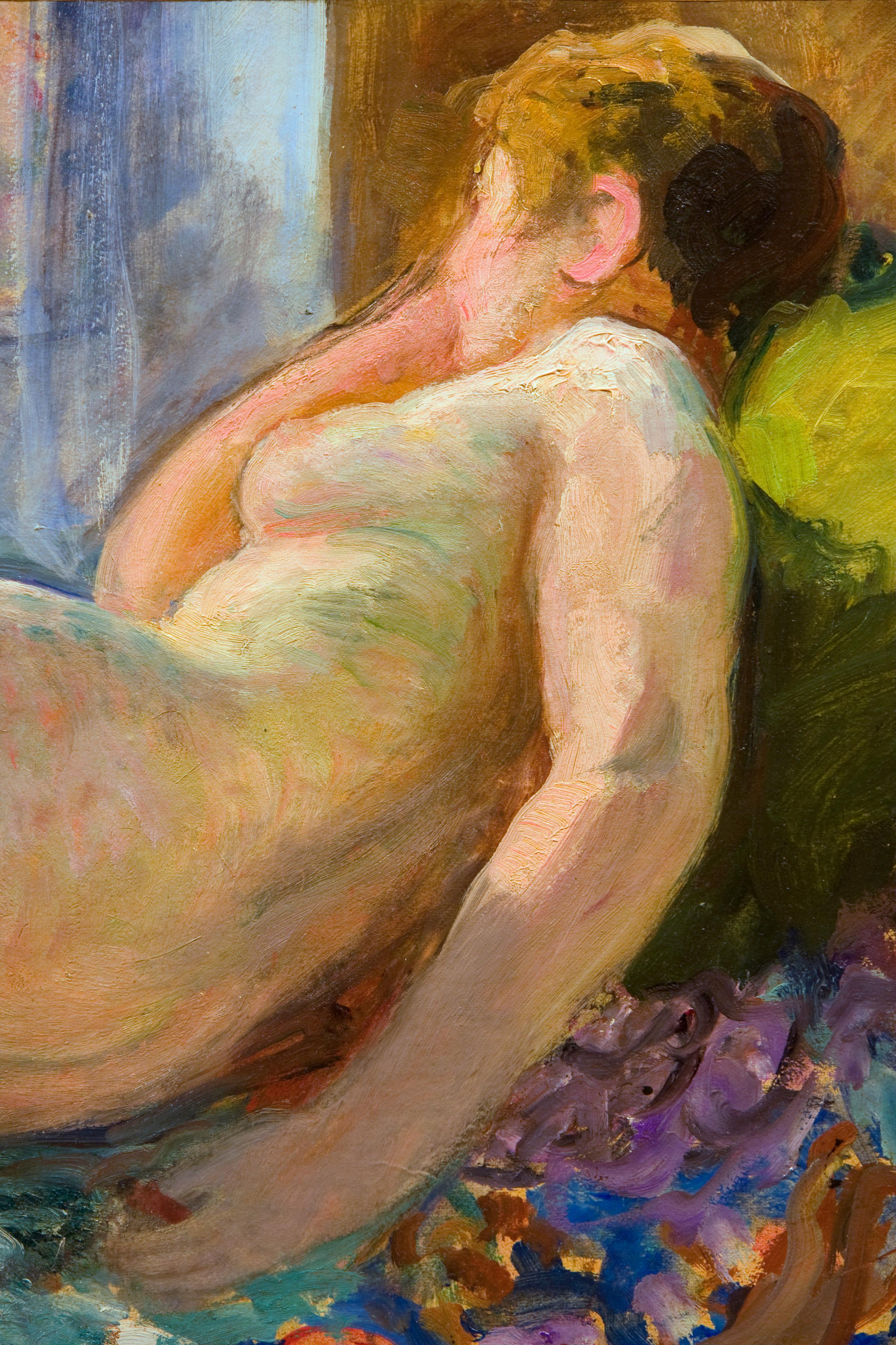 Early 20th Century Impressionist painting, Nude on Divan - Brown Figurative Painting by Henri Lebasque
