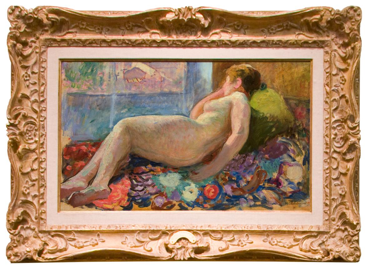 Henri Lebasque Figurative Painting - Early 20th Century Impressionist painting, Nude on Divan