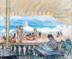 le Plage de Cannes Impressionist Figurative painting of a beach in France