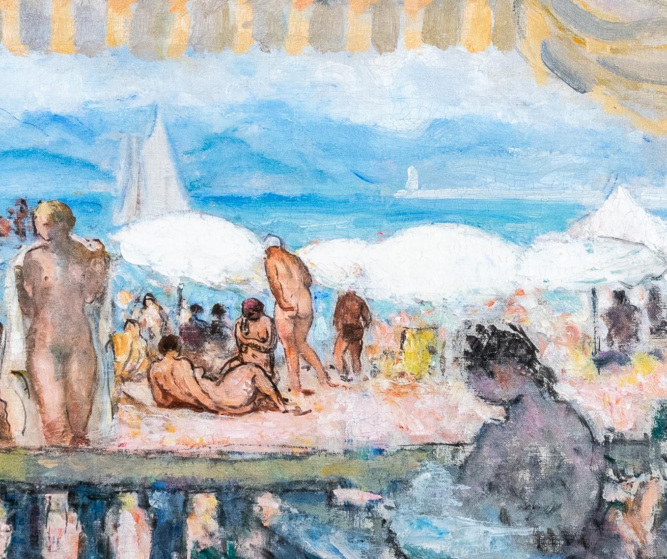 La Plage de Cannes est un exemple frappant de la maturité du style post-impressionniste de Lebasque : serein mais subtilement vibrant, intime mais expansif. La peinture équilibre élégamment la clarté de la composition avec une palette délicate,