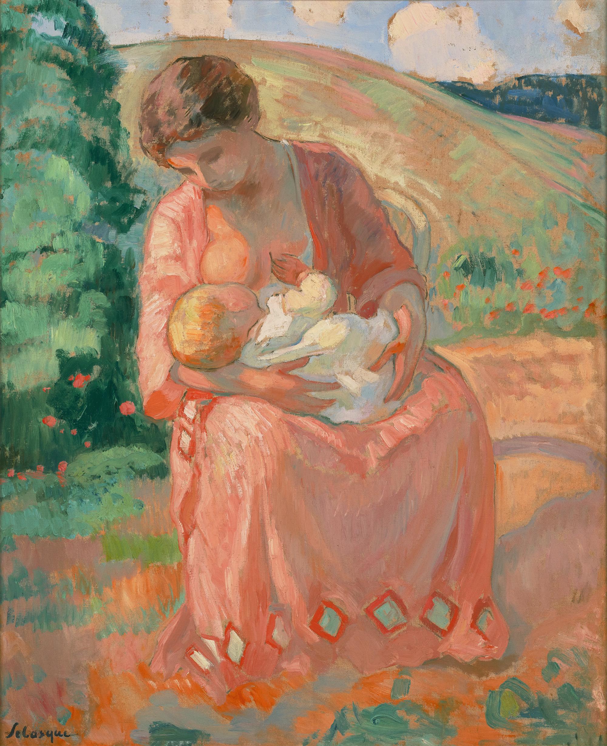 Henri Lebasque
1865-1937  Französisch

Maternité
(Mutterschaft)

Öl auf Leinwand
Signiert "Lebasque" (unten links)

In diesem überschwänglichen Ölgemälde fängt Henri Lebasque eine kontemplative Szene ein, in der eine junge Mutter einen Säugling