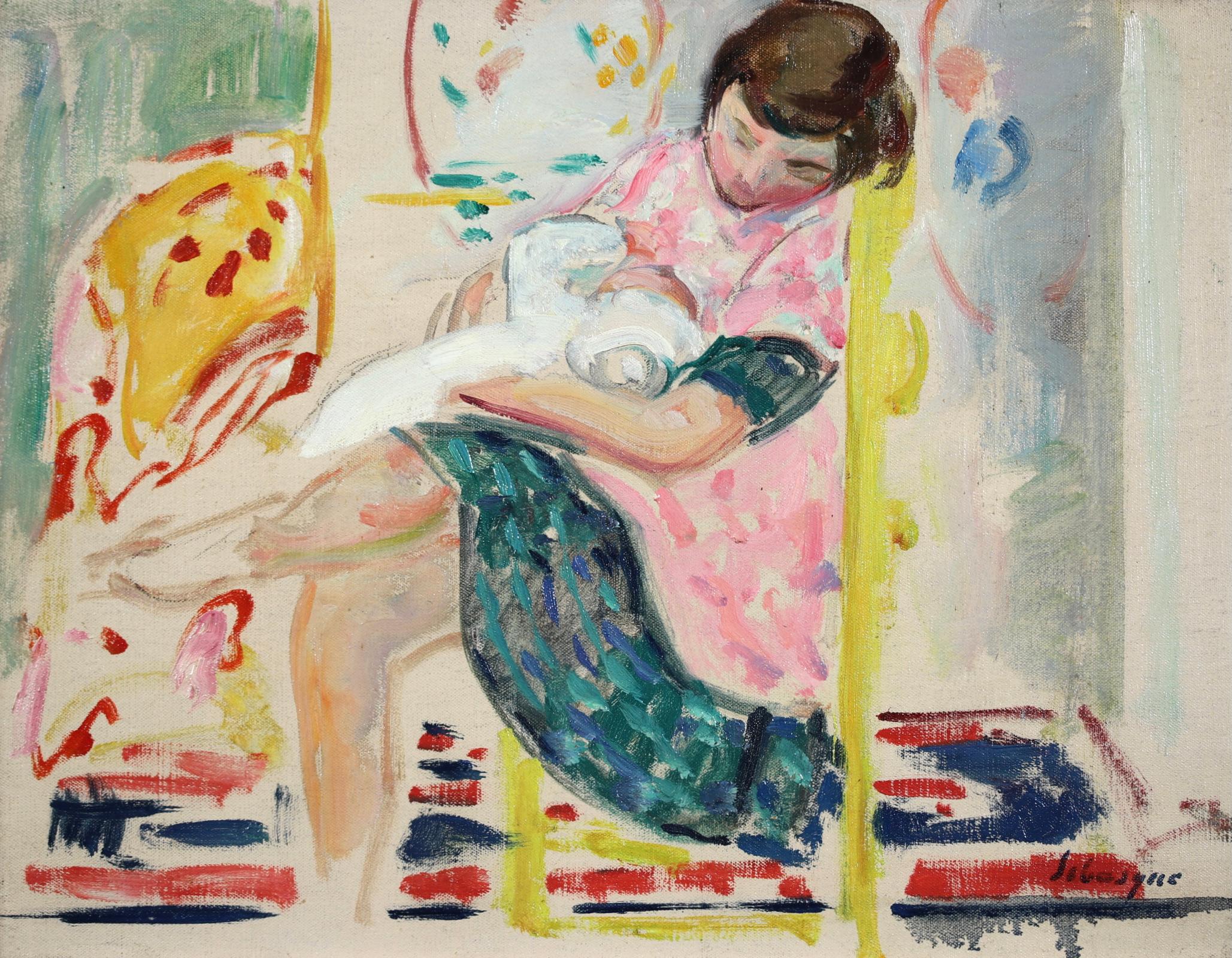 Maternite - Peinture à l'huile figurative d'intérieur post-impressionniste - Henri Lebasque en vente 2