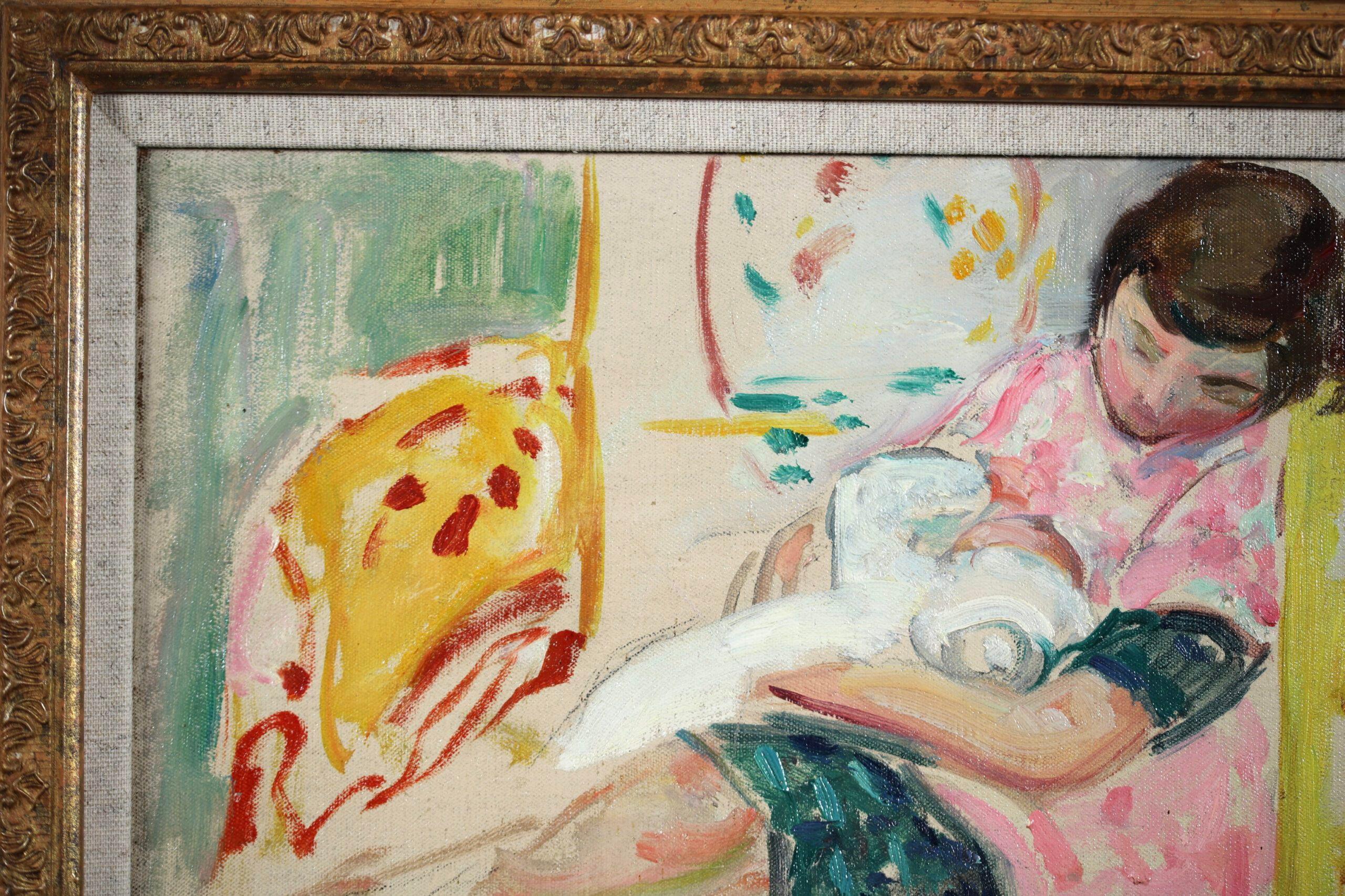 Maternite - Peinture à l'huile figurative d'intérieur post-impressionniste - Henri Lebasque en vente 3