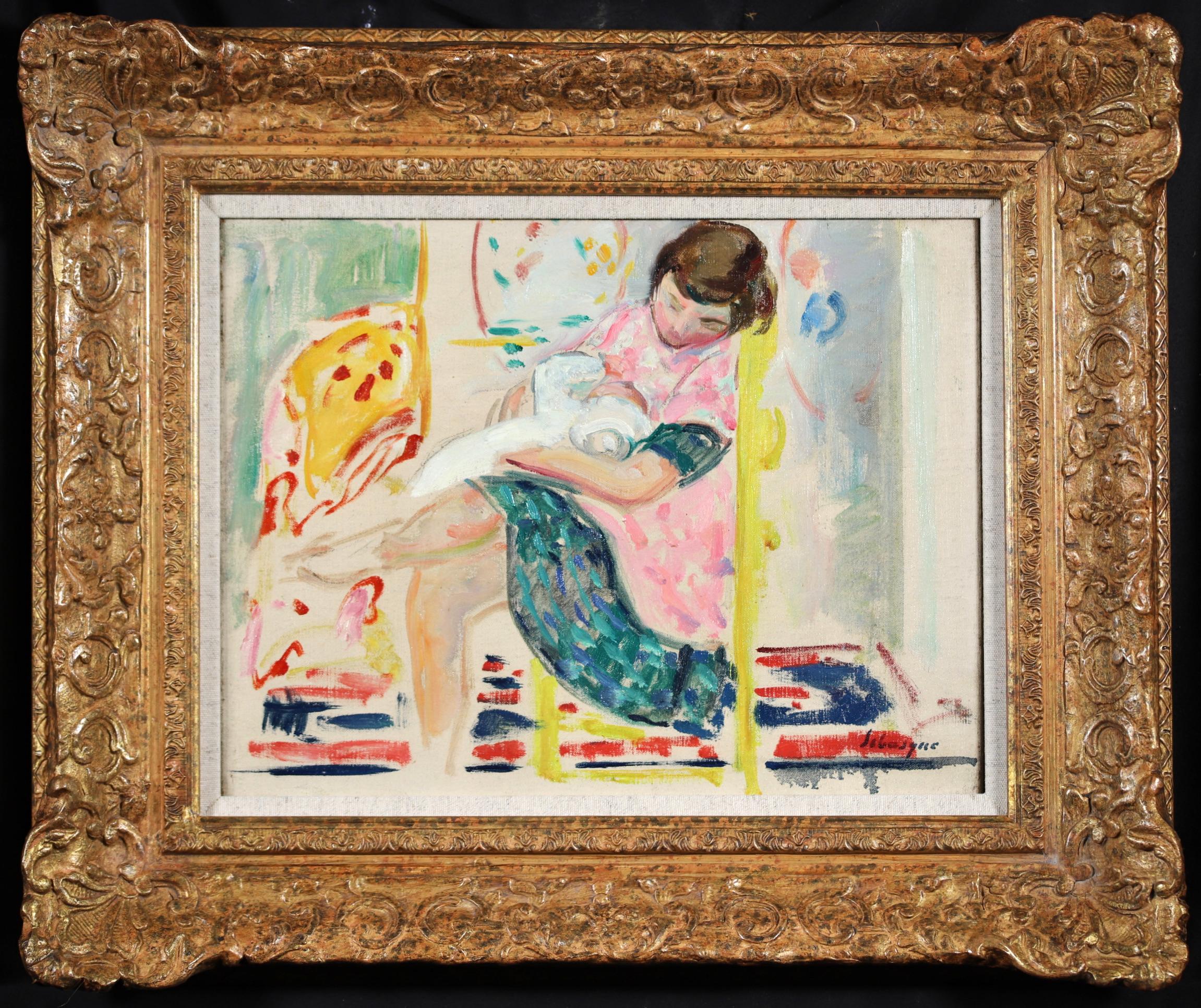 Signed figurative oil on canvas circa 1910 by French post impressionist painter Henri Lebasque. The work depicts a mother seated on a yellow change feeding her young baby.

Signature:
Signed lower right

Dimensions:
Framed: 16"x19"
Unframed: