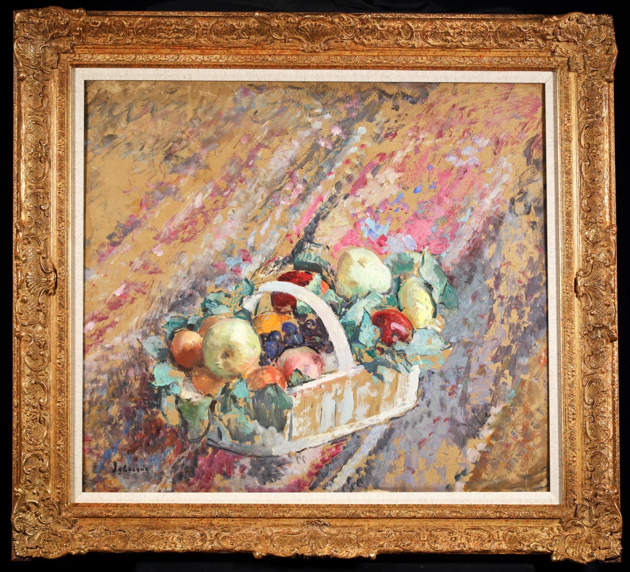 Signed oil on board still life circa 1937 by French post impressionist painter Henri Lebasque. The work depicts a basket of fruit filled with apples, grapes and oranges.

Signature:
Signed lower left

Dimensions:
Framed: 33"x36"
Unframed: